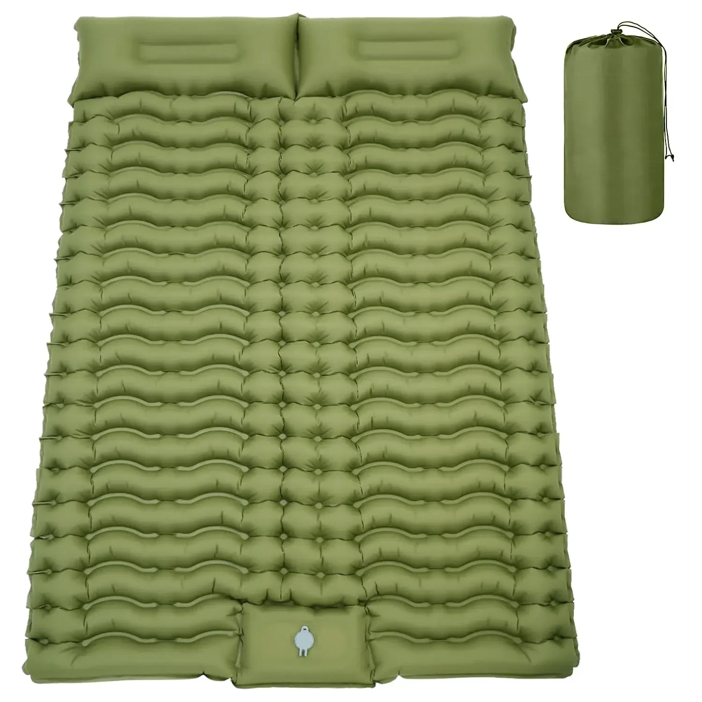 Olive green double camping air mattress with built-in pillows and carry bag, perfect for outdoors.