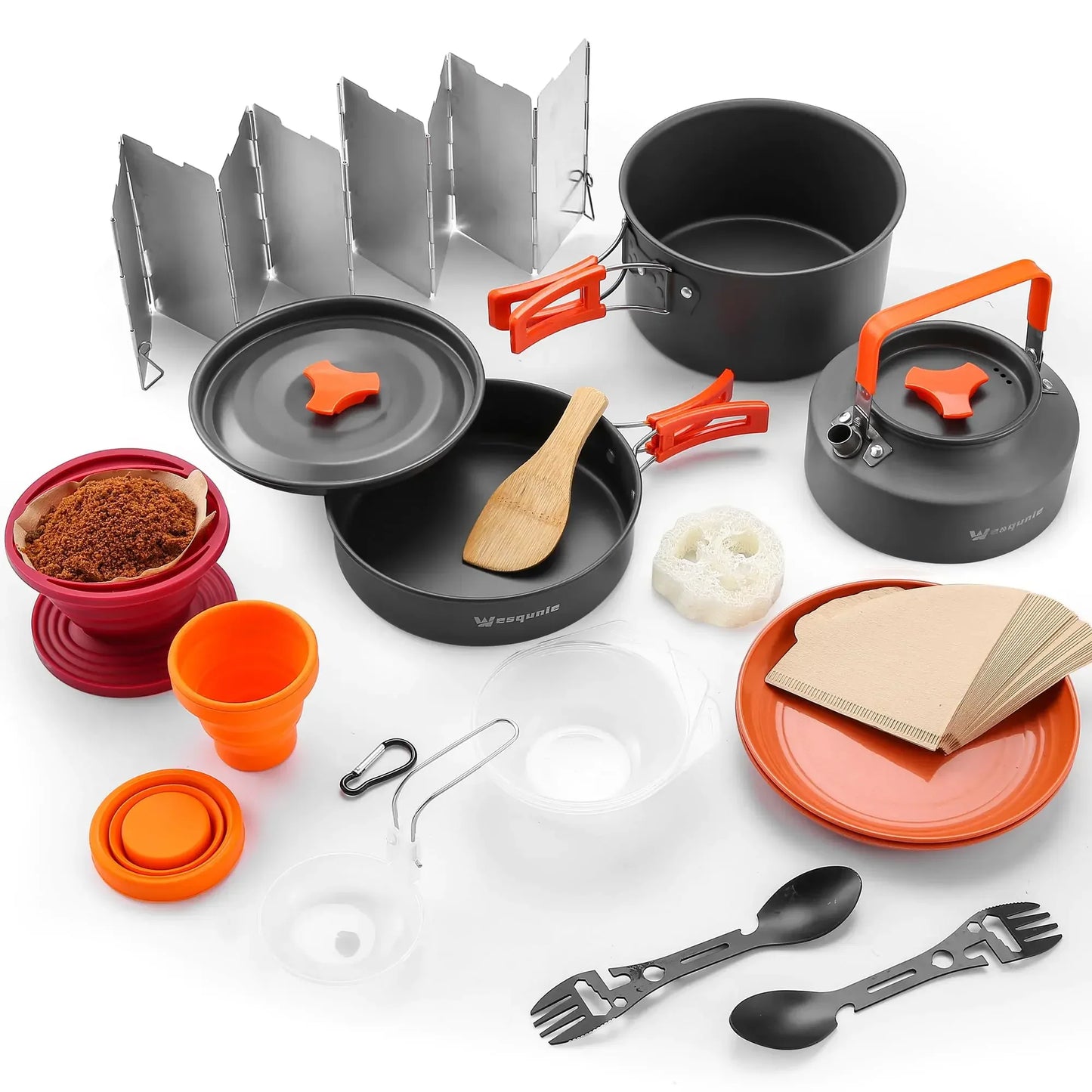 Camping cookware set with pots, kettle, utensils, cups, and filters for outdoor cooking