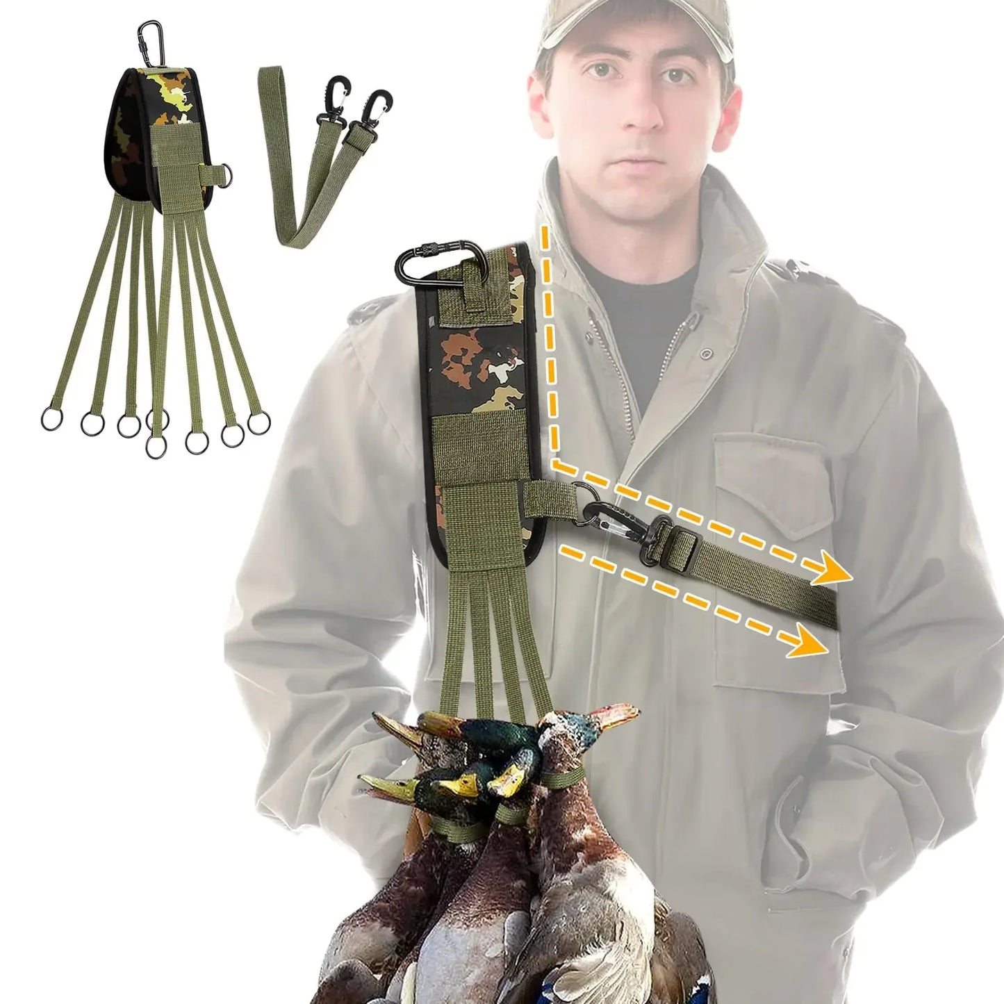 Camouflage duck carrier strap with rings, worn crossbody by man in outdoor gear, for hunting.