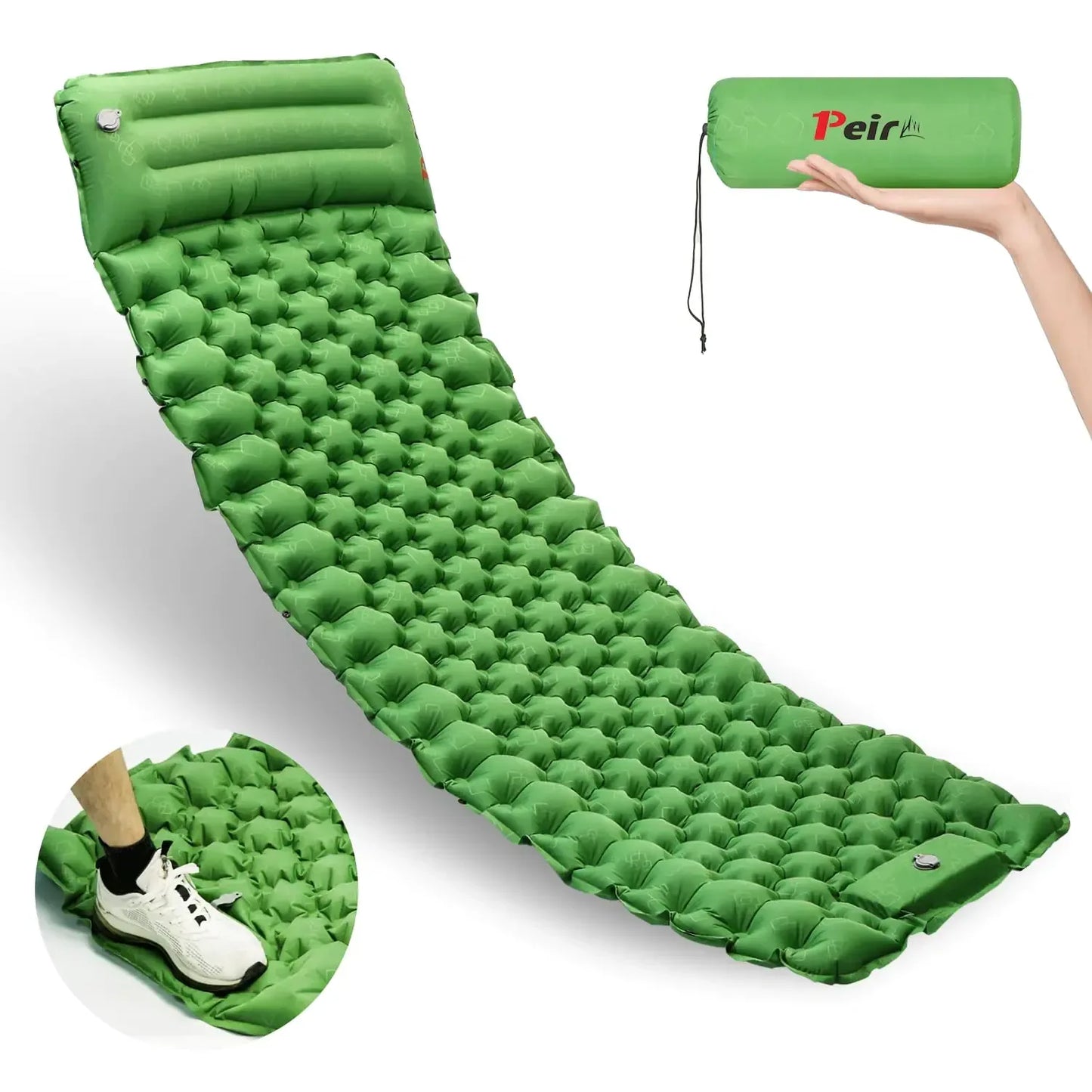 Green inflatable camping sleeping pad with pillow, compact design, and carry bag, ideal for hiking