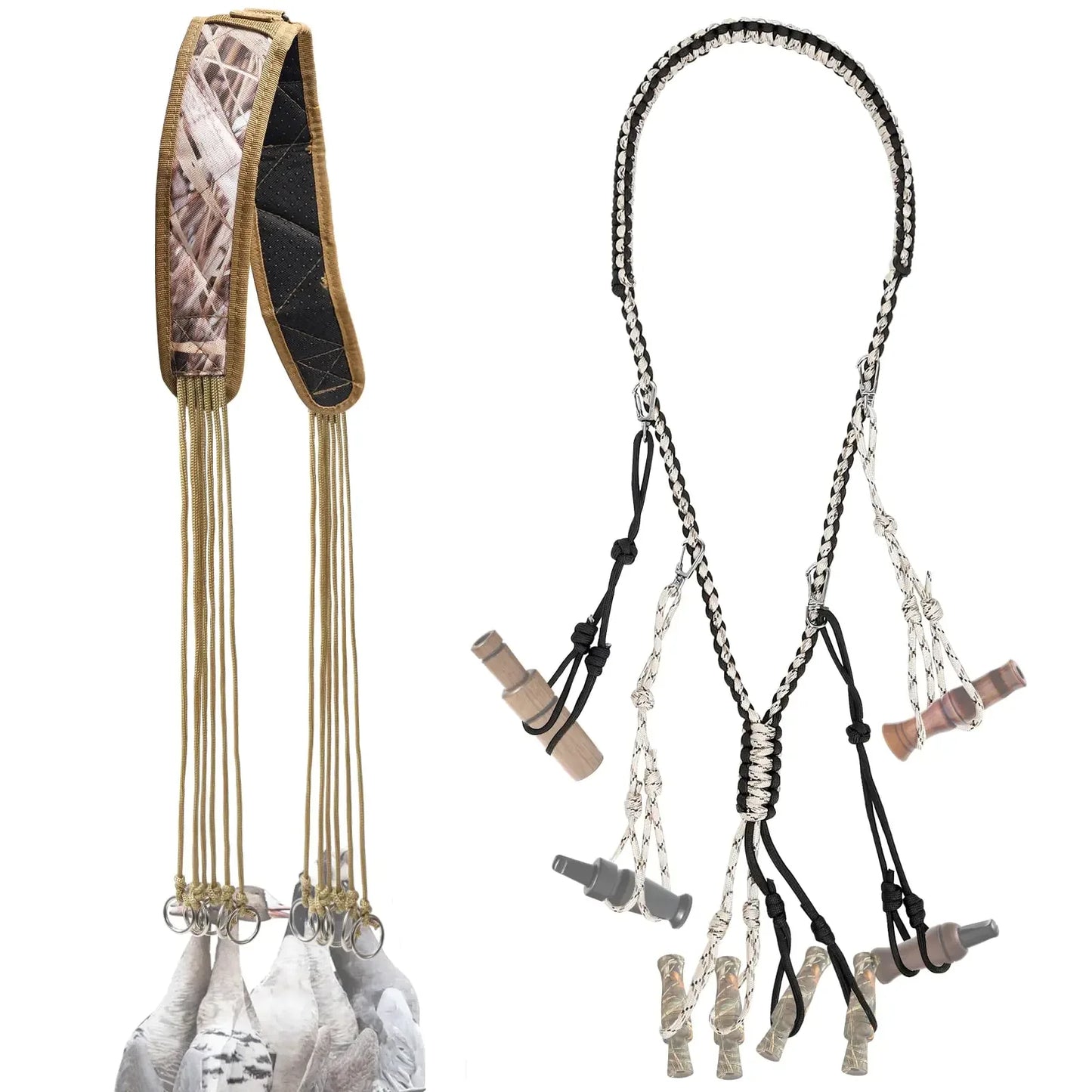 Camouflage hunting lanyards and duck call holder, outdoor gear for adventurers.
