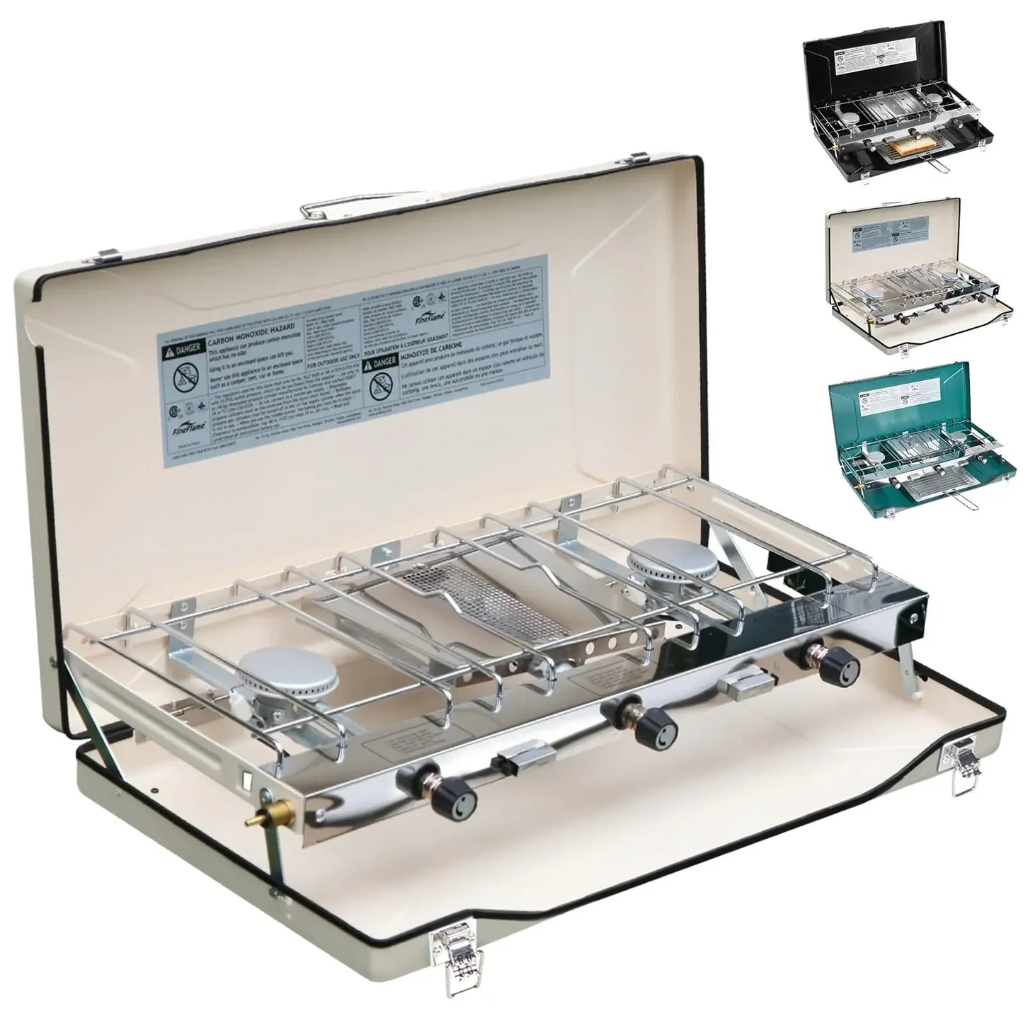 Portable camping stove with dual burners in a foldable metal case, ideal for outdoor cooking