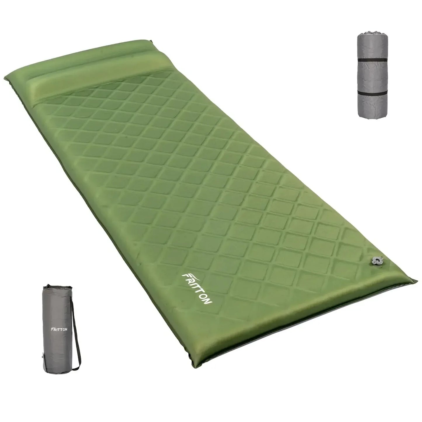 Green self-inflating camping sleeping pad with pillow, rolled and packed for hiking or outdoors