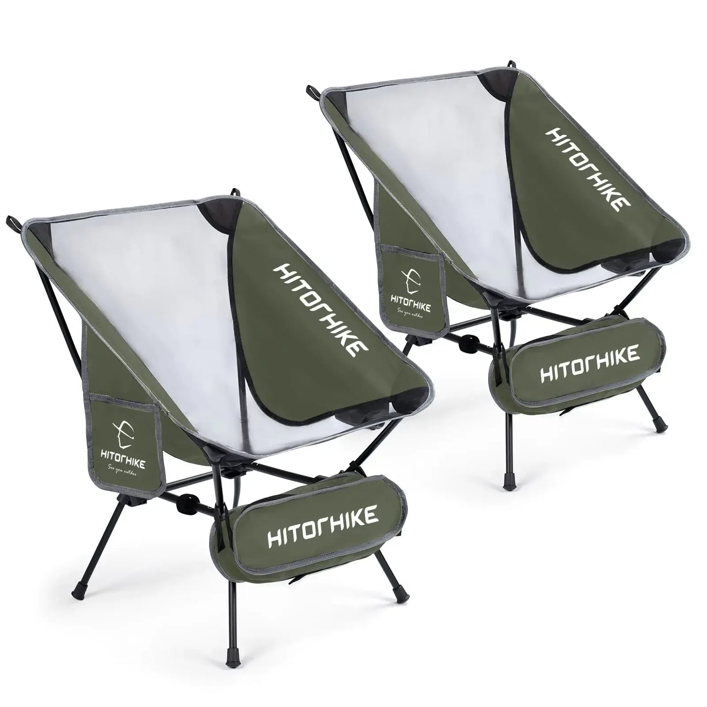 Pair of green portable Hitorhike camping chairs with storage pouches for outdoor adventures