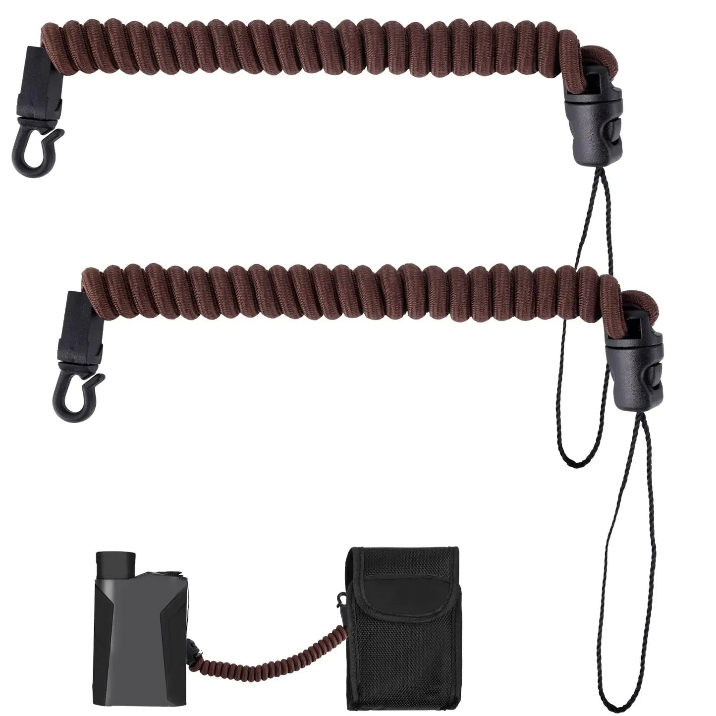 Brown coiled paracord lanyards with clips, ideal for camping gear organization, and a black carrying pouch, featured on Hacksoutdoors.