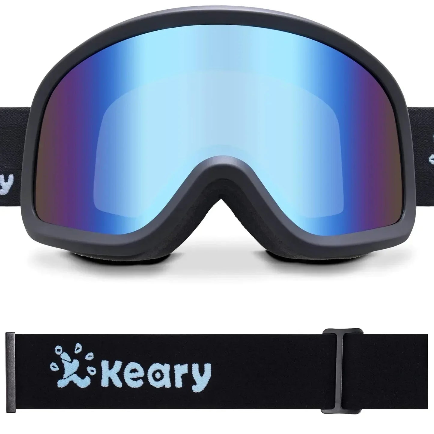 Reflective blue ski goggles with adjustable black Keary strap for outdoor adventure gear.