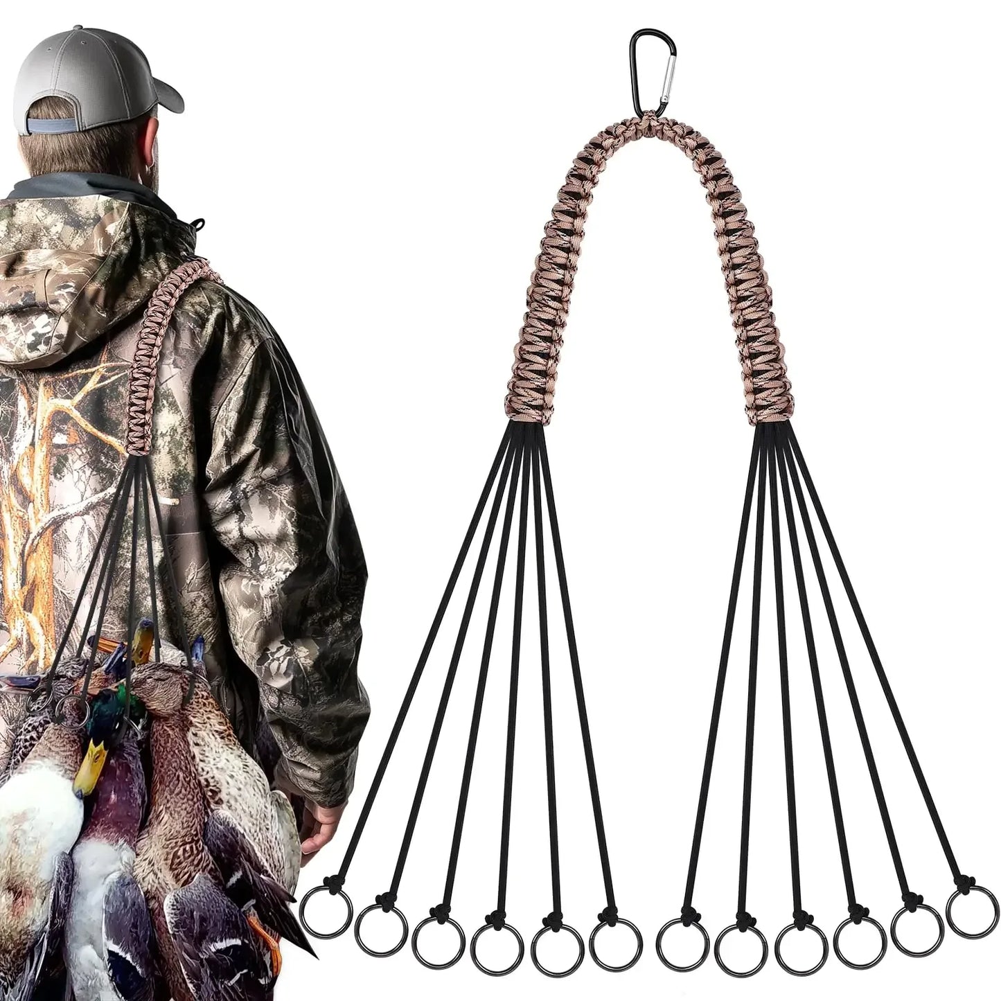 Outdoor hunter wearing camo jacket carrying game birds with durable paracord game carrier