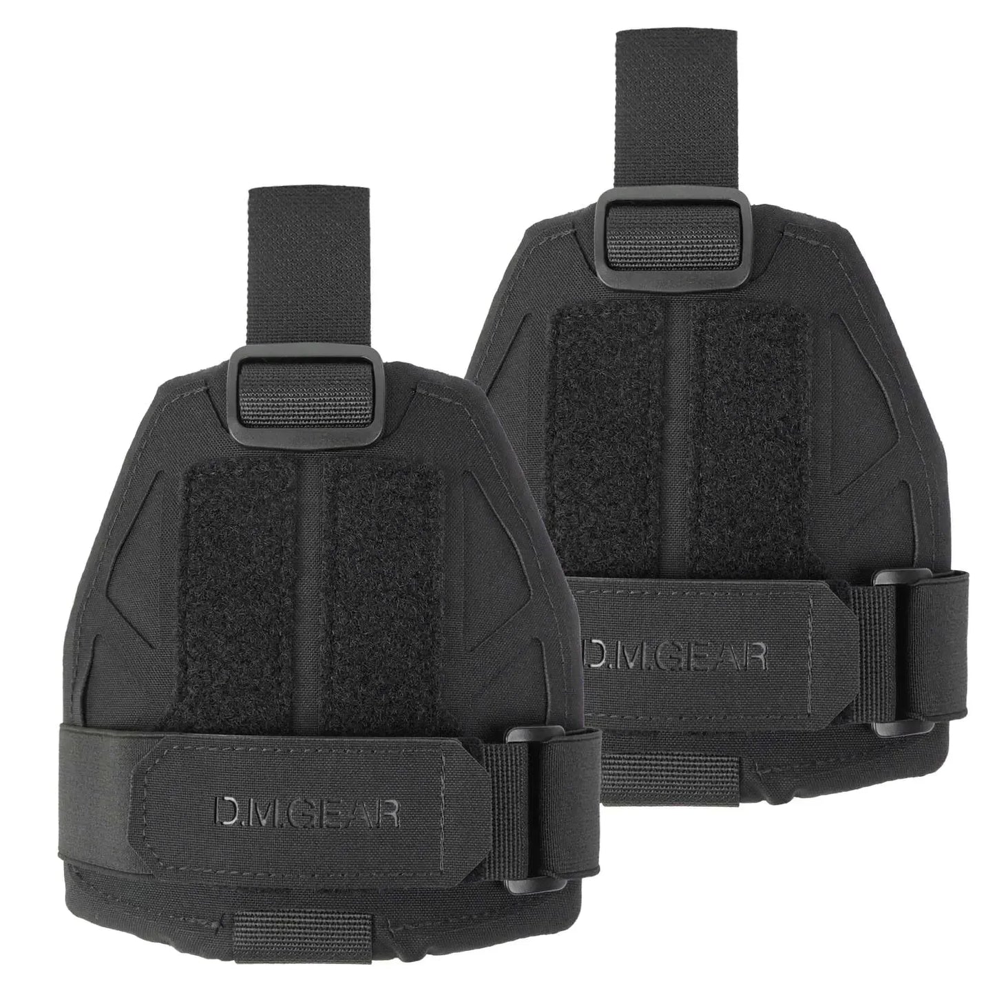 Black tactical gear pouches with straps and Velcro, D.M.GEAR brand, outdoor essentials