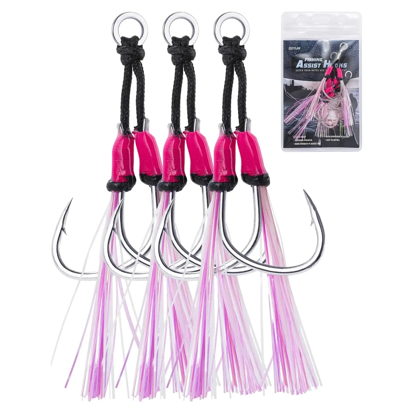 Set of four pink and silver fishing assist hooks with skirts, ideal for outdoor fishing gear