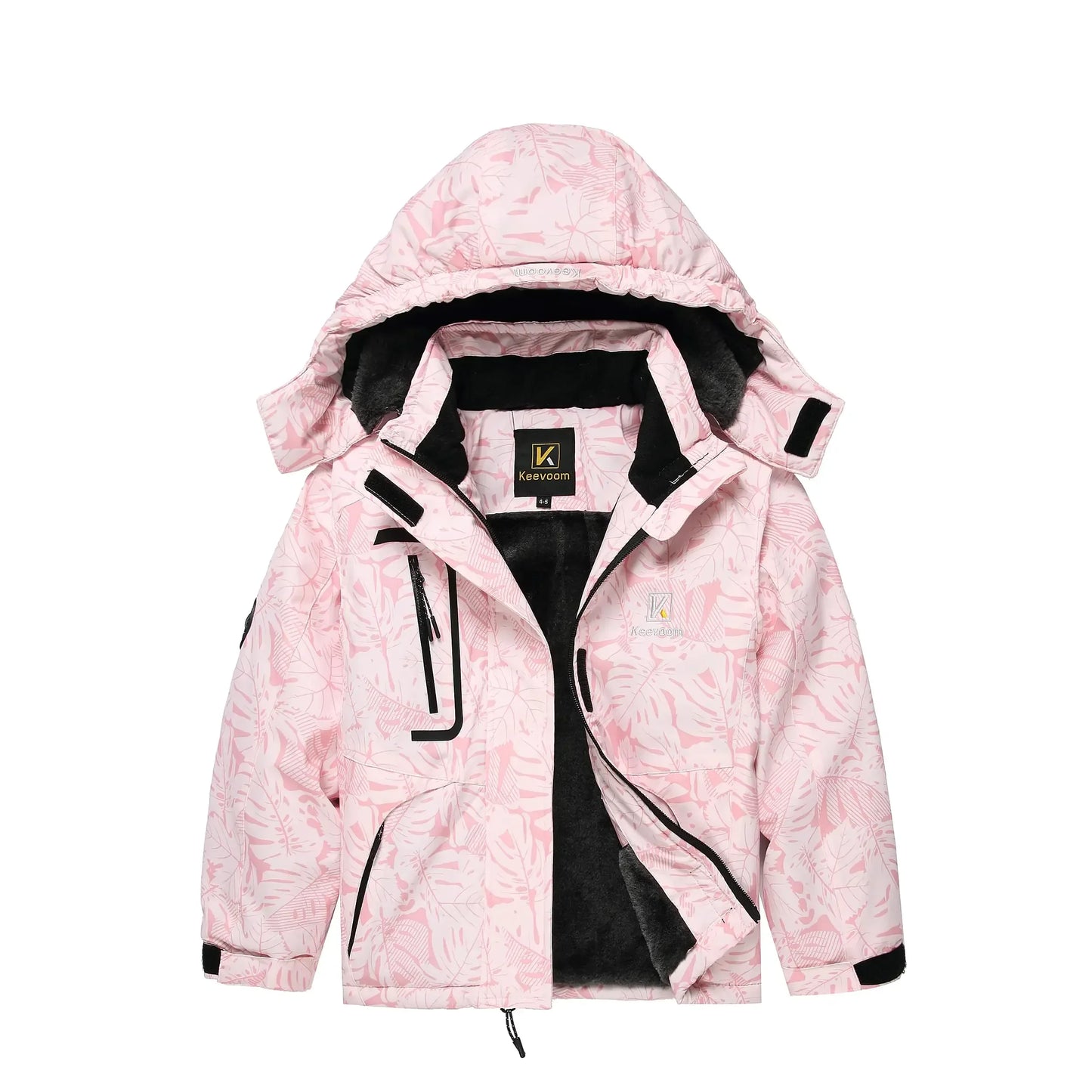 Pink outdoor winter jacket with hood, floral pattern, and zip pockets for camping adventures