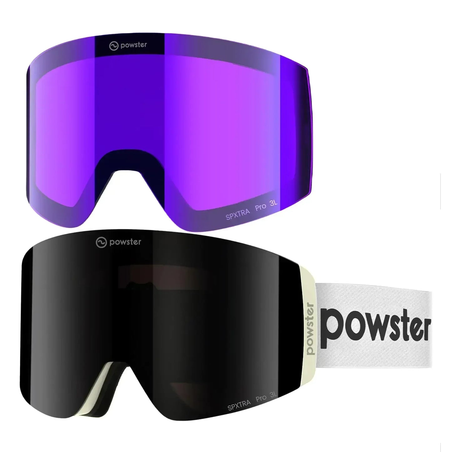 Powster ski and snowboard goggles with interchangeable purple and black lenses, durable outdoor gear