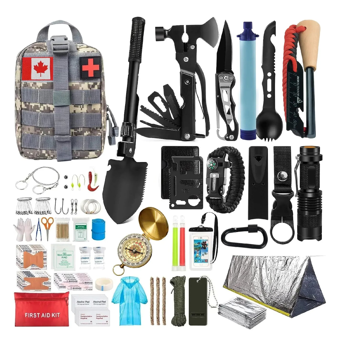 Camping survival kit with first aid, tools, tent, flashlight, and outdoor gear on white