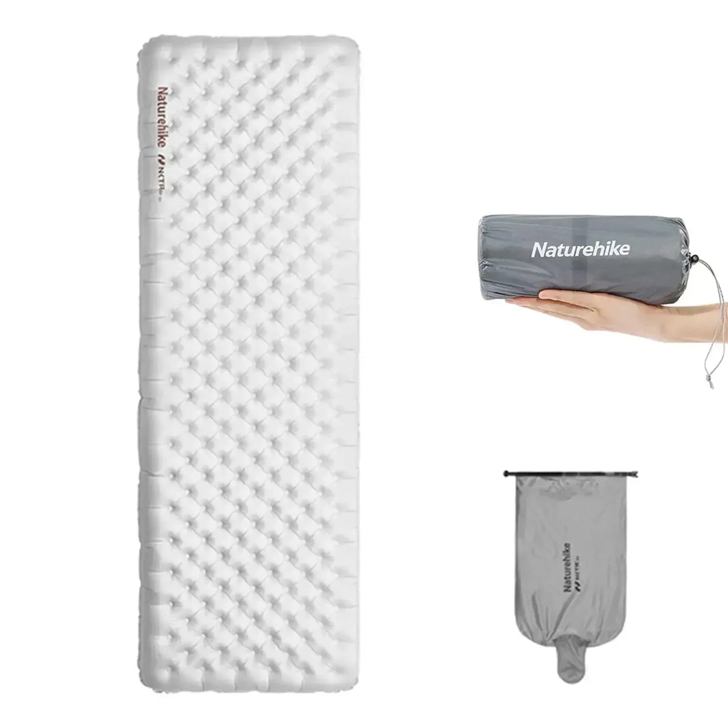Lightweight Naturehike inflatable camping sleeping pad with compact carry bag, ideal for outdoor adventures.