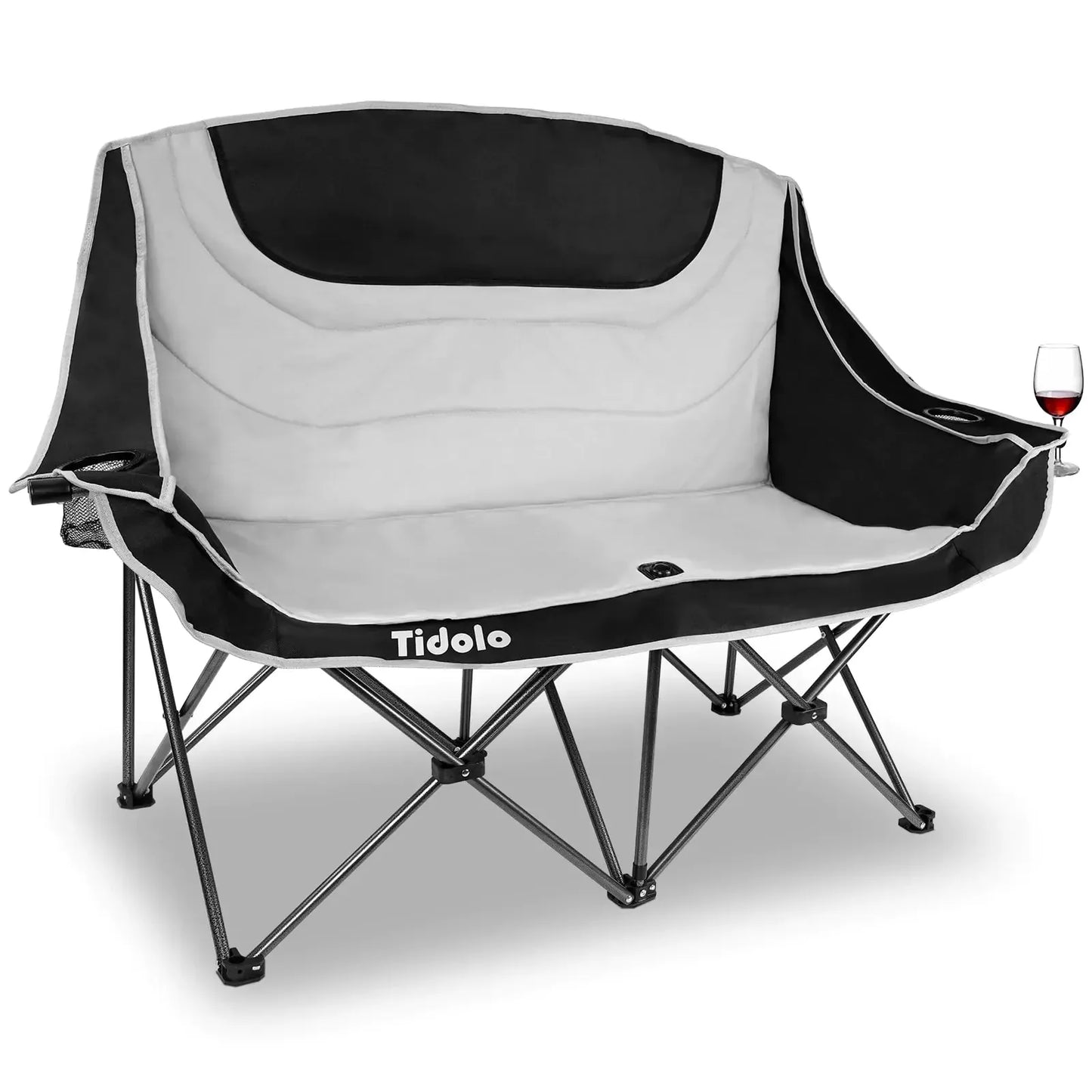 Black and gray folding camping loveseat chair with Tidolo logo and attached wine glass holder