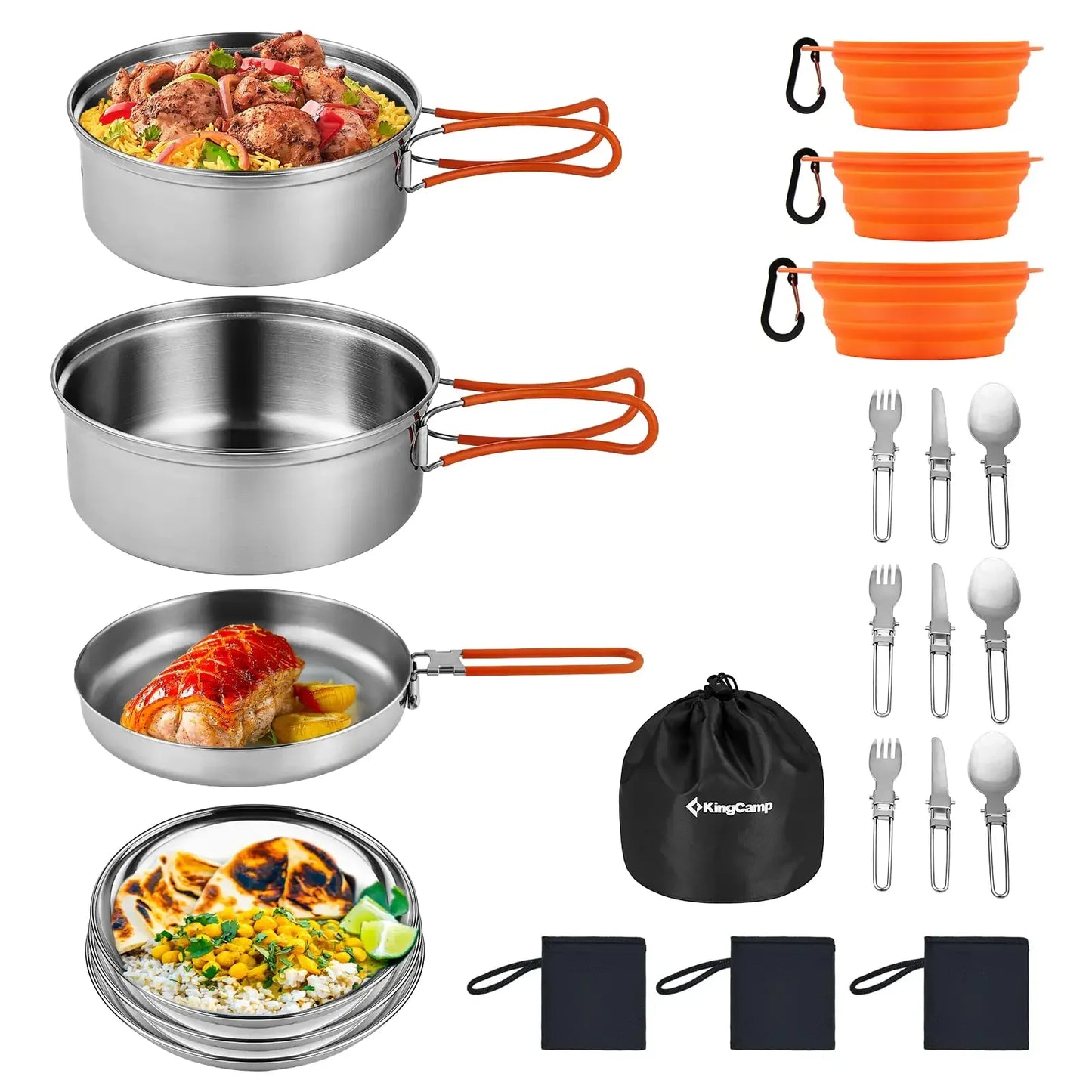 Camping cookware and utensils set with pots, pans, folding cutlery, bowls, plates, and carrying bag