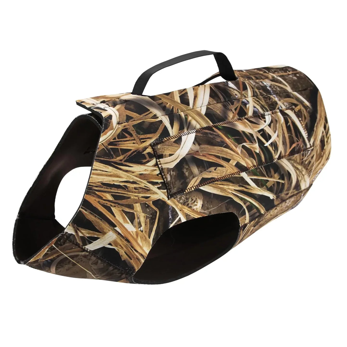 Camo neoprene dog vest with handle for outdoor hunting, hiking, and camping adventures
