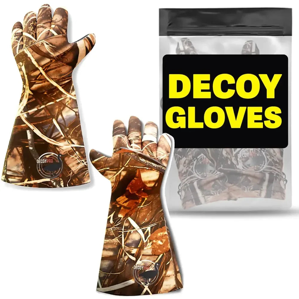 Camo decoy gloves for outdoor hunting, displayed with packaging, durable gear for campers.