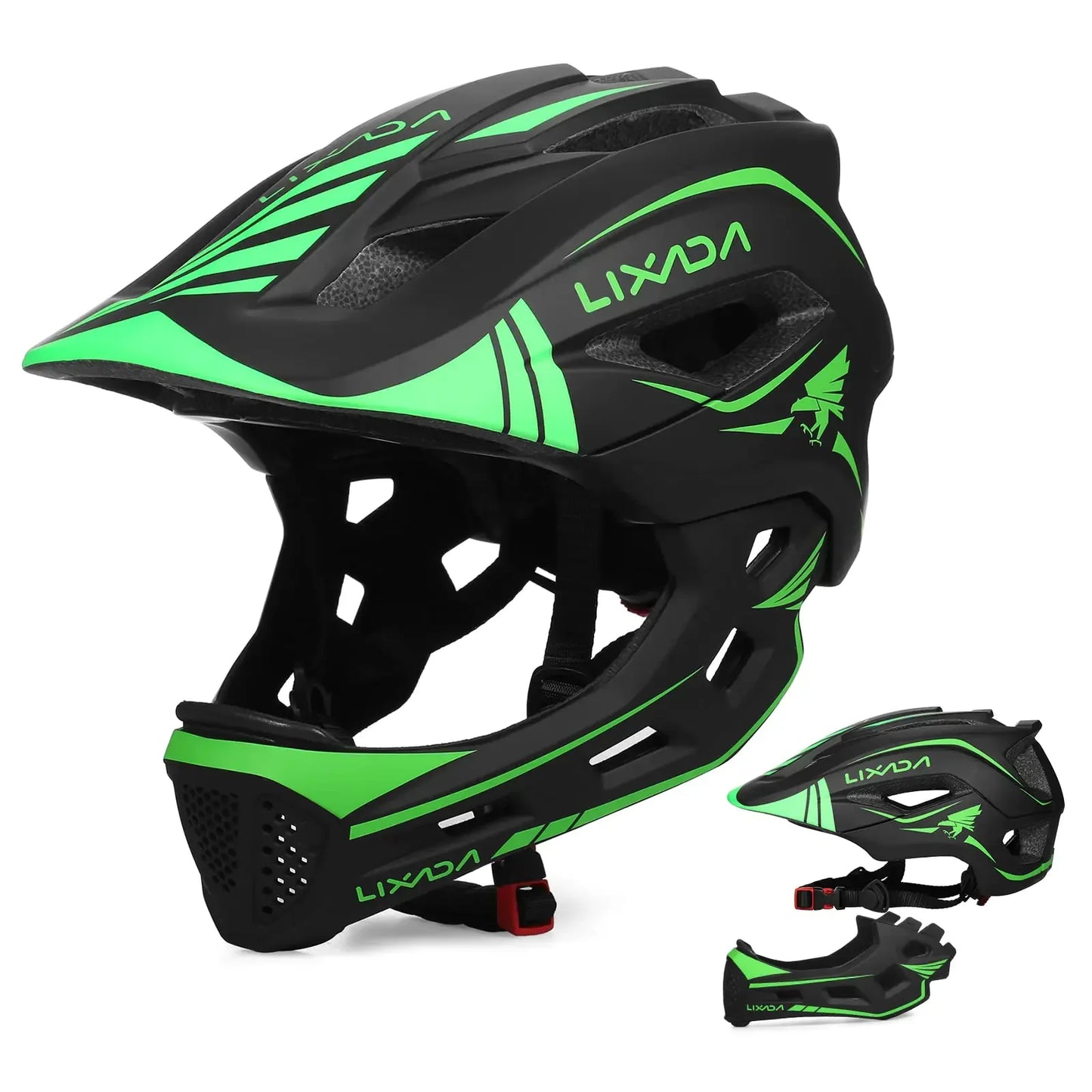 Lixada green and black outdoor adventure helmet with detachable face guard, ideal for camping and hiking