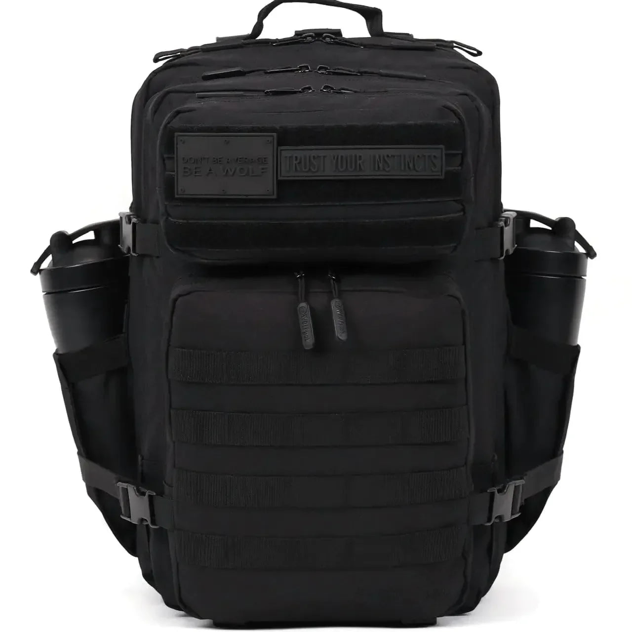 Durable black tactical backpack with MOLLE webbing, side pockets, and outdoor gear patches