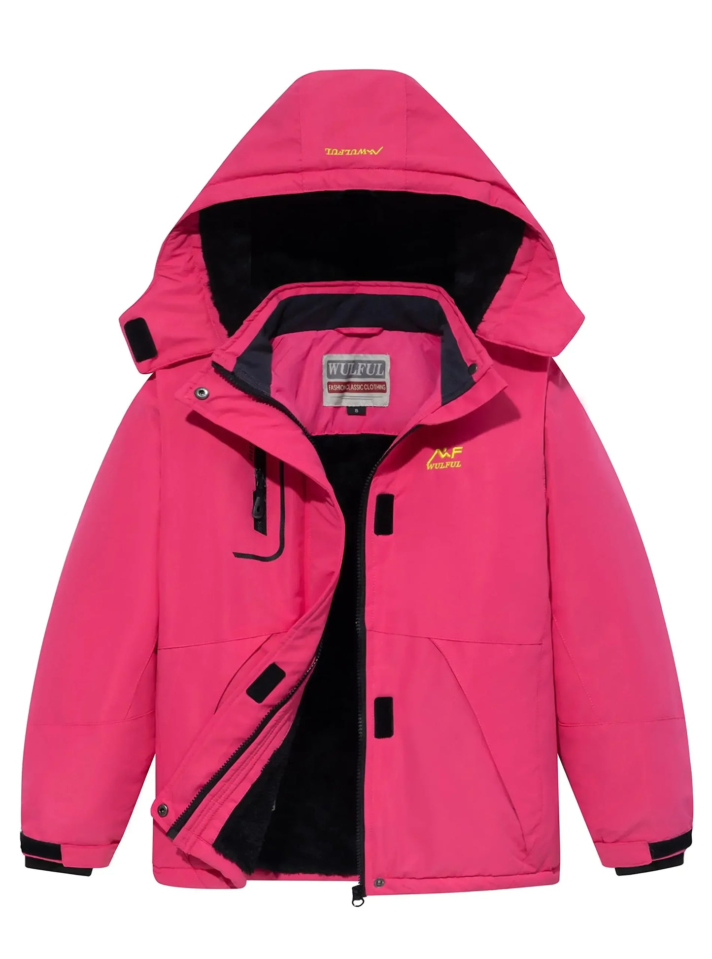 Bright pink outdoor jacket with hood and black lining, durable camping and hiking gear