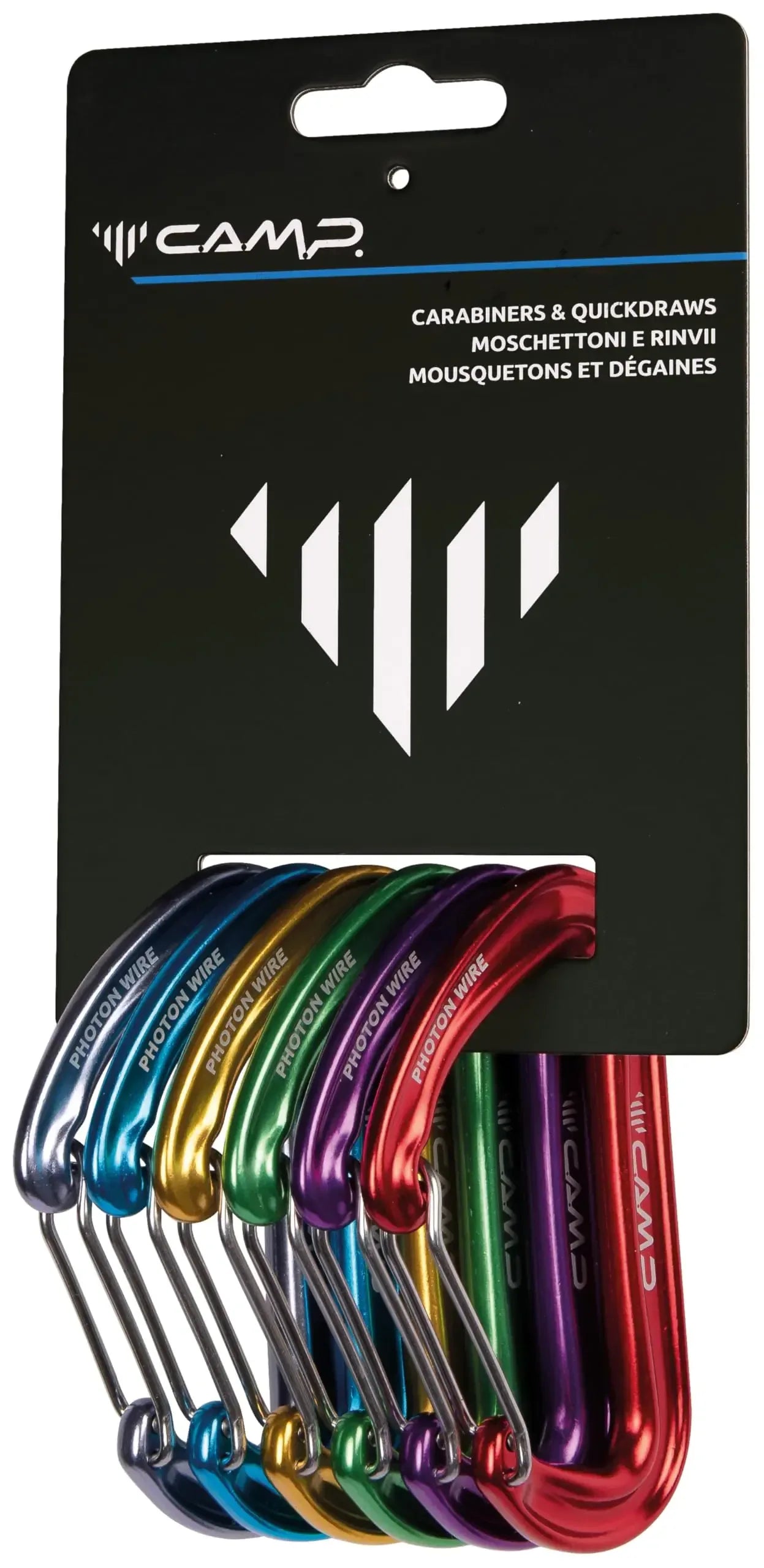Set of colorful CAMP Photon Wire carabiners for camping, hiking, and outdoor gear
