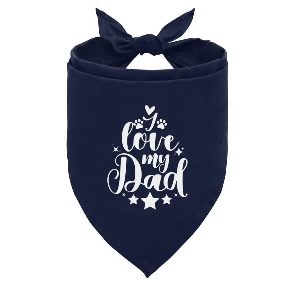 Navy blue pet bandana with white 'I love my dad' print, ideal for outdoor adventures