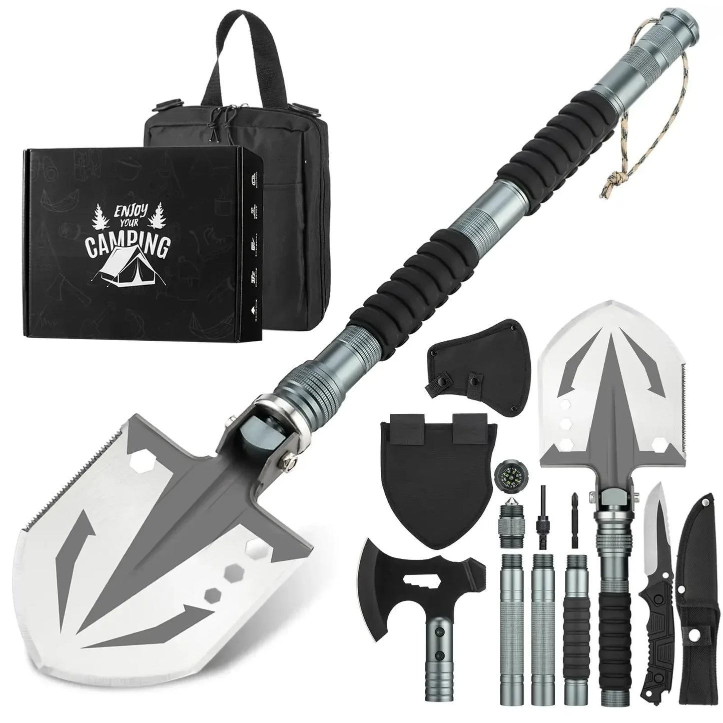 Durable camping survival gear kit with multi-tool shovel, axe, knife, and black carrying case.