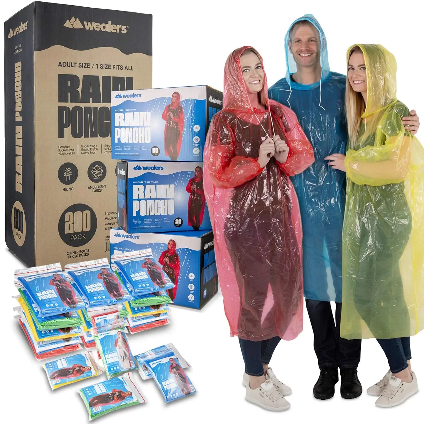 Three people wearing colorful rain ponchos beside Wealers rain poncho packs and boxes, ideal for camping and hiking.