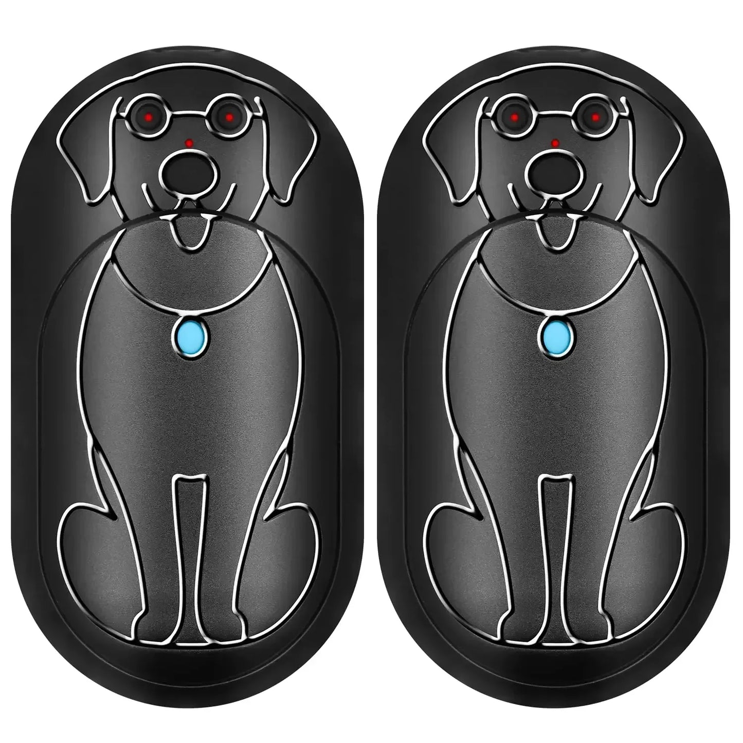 Pair of black dog-shaped outdoor gear motion sensors with red eyes and blue pendant, durable camping and survival accessory