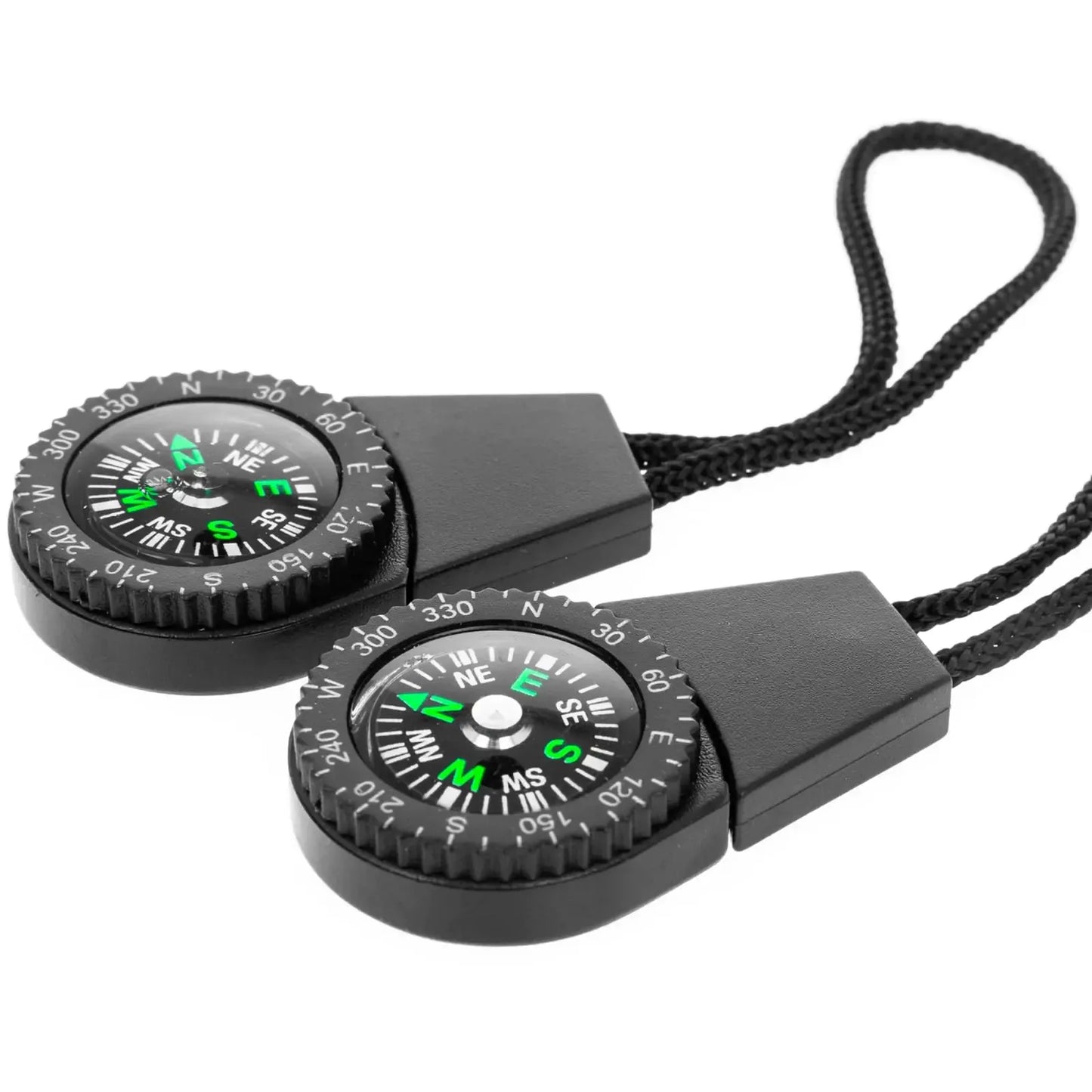 Pair of black outdoor survival compasses with lanyards, ideal for camping and hiking gear