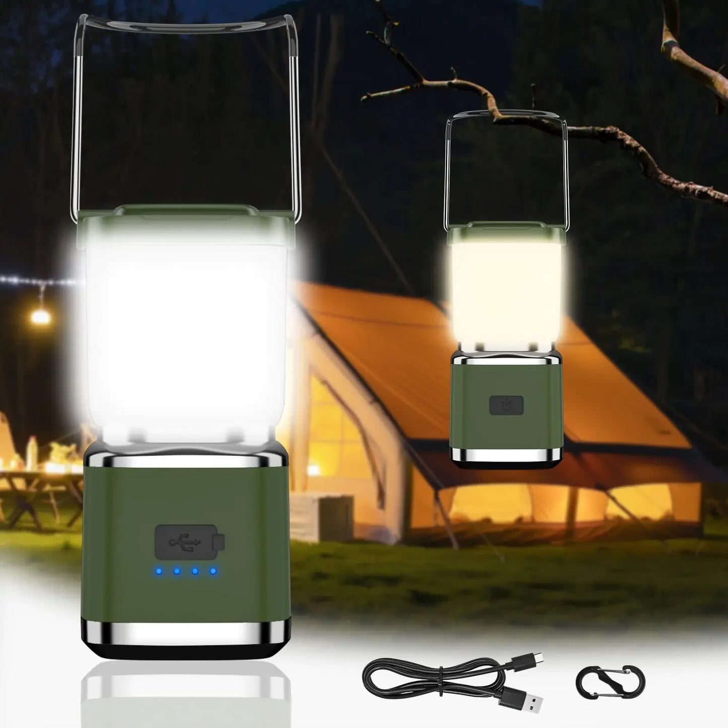 LED camping lantern with USB charging cable and carabiner, illuminated tent in the background