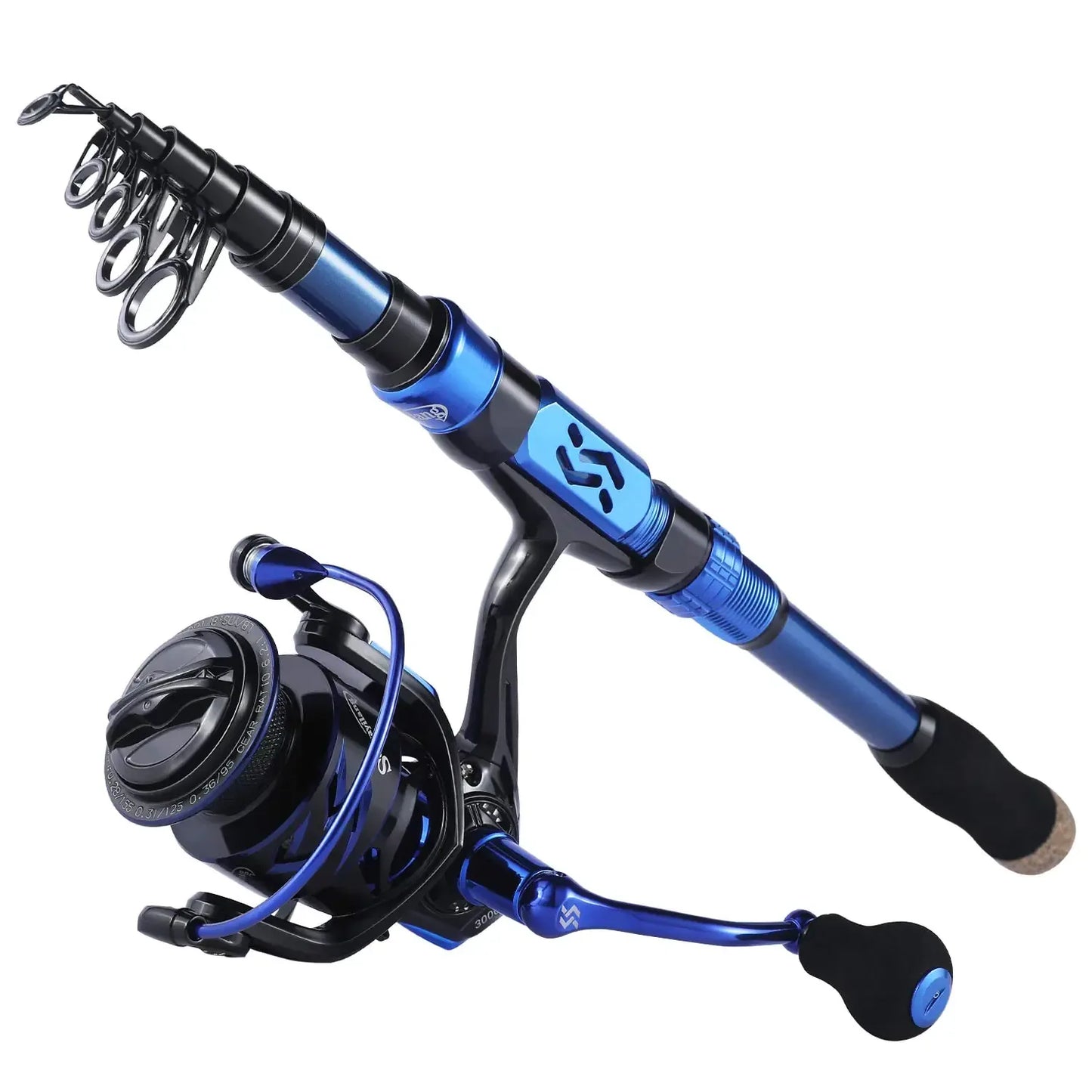 Collapsible blue fishing rod with spinning reel, ideal outdoor gear for campers and hikers