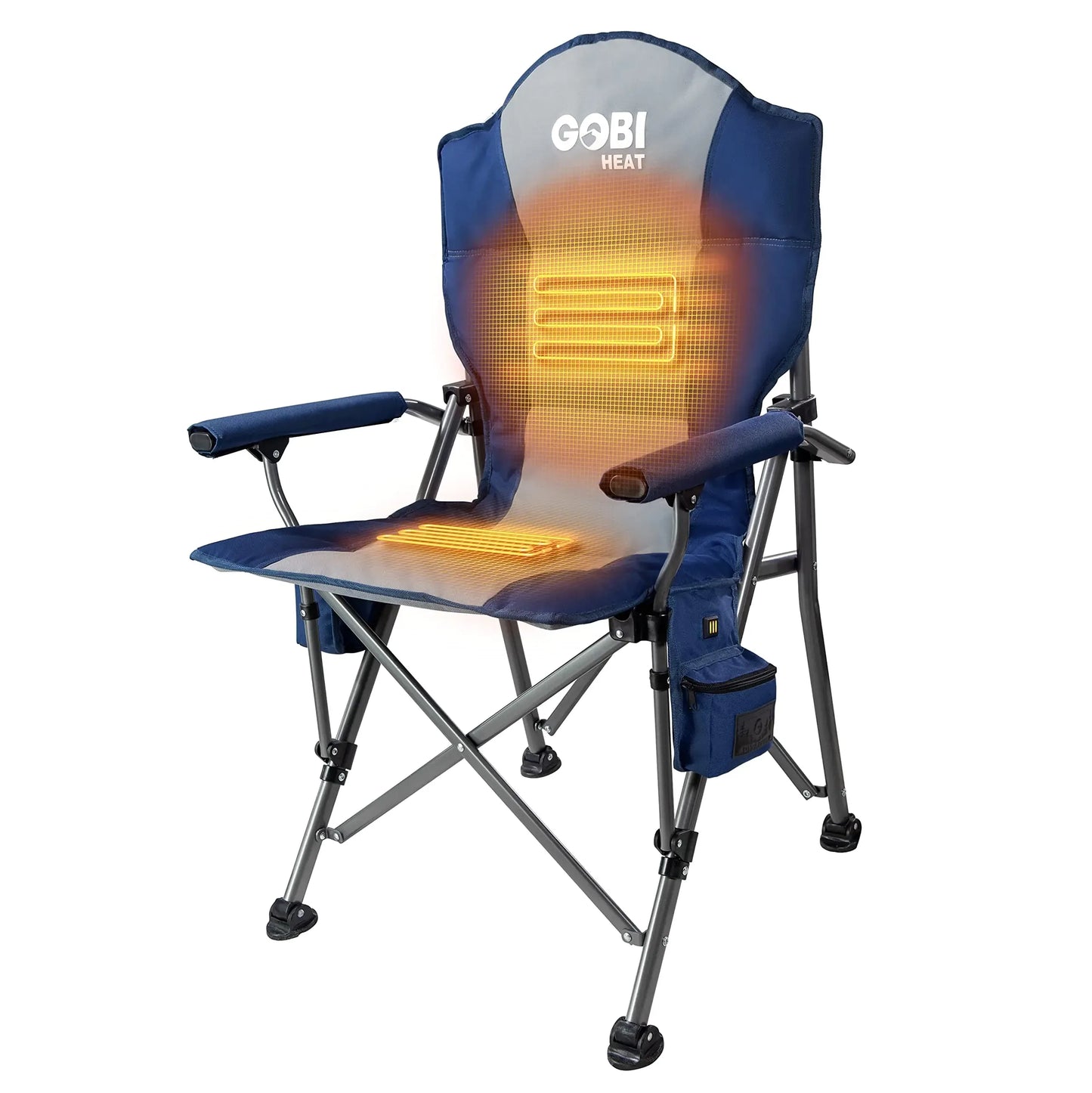 Heated camping chair for outdoor adventures, blue foldable design with visible heating zones.