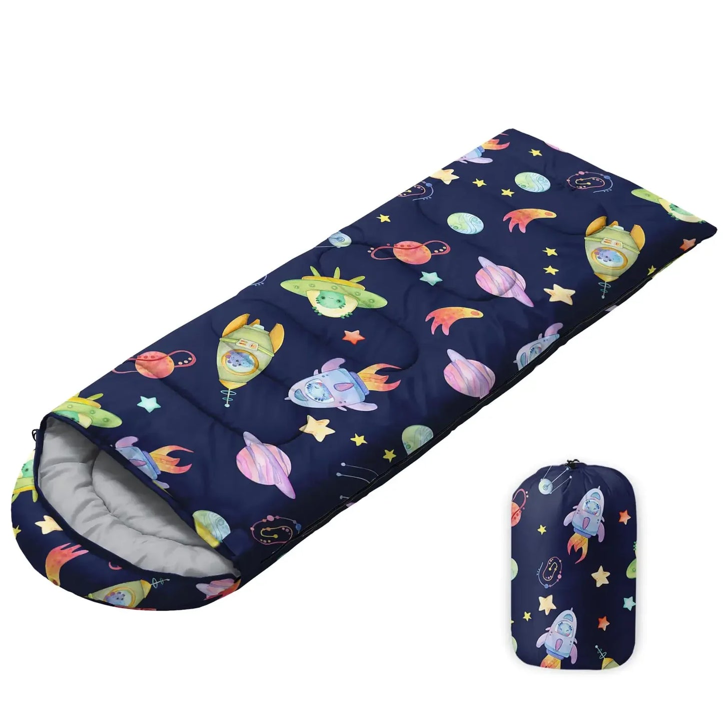 Kids camping sleeping bag with colorful space rocket and planet design, plus matching storage sack