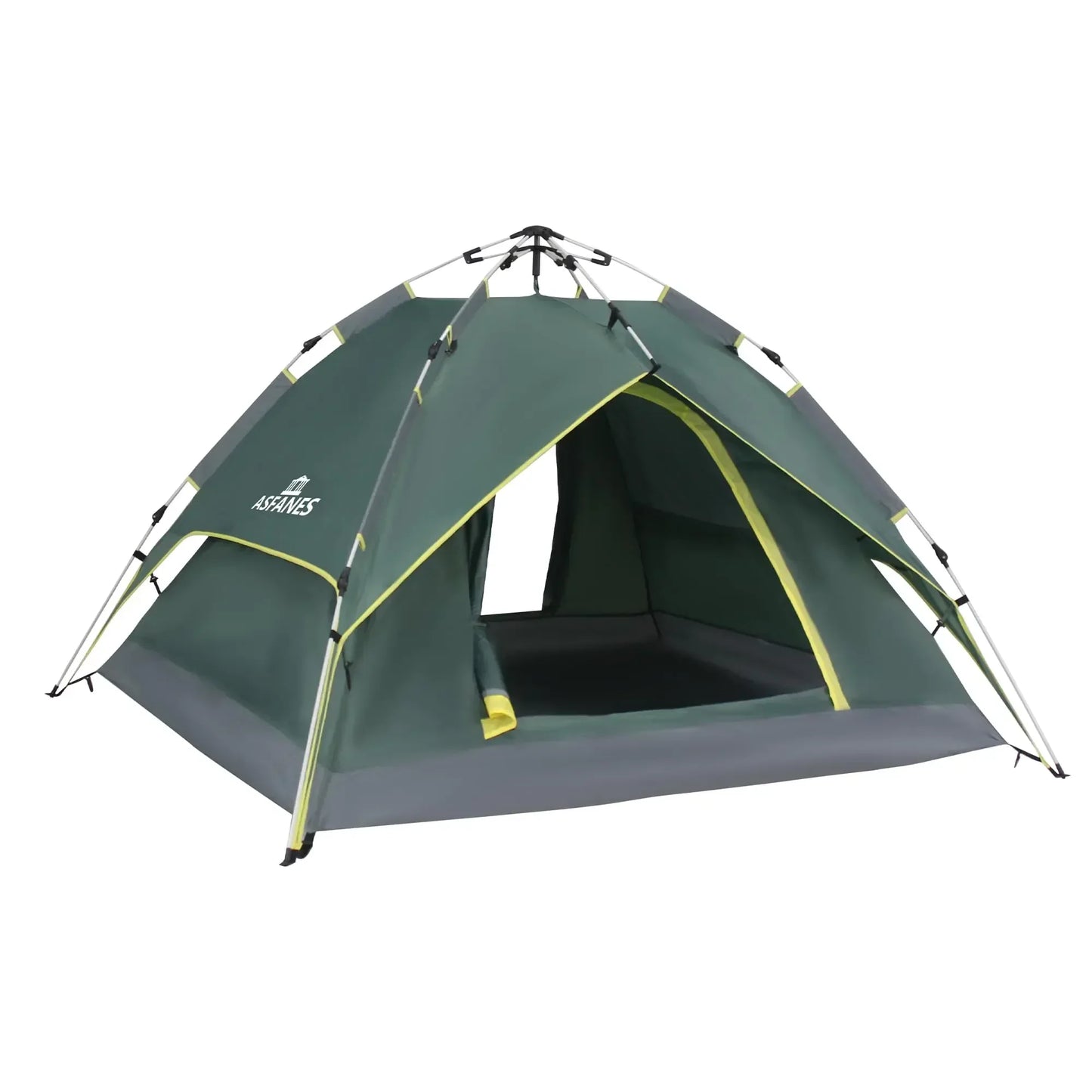 Green outdoor camping tent with open door, durable gear for hiking and survival by Hacksoutdoors