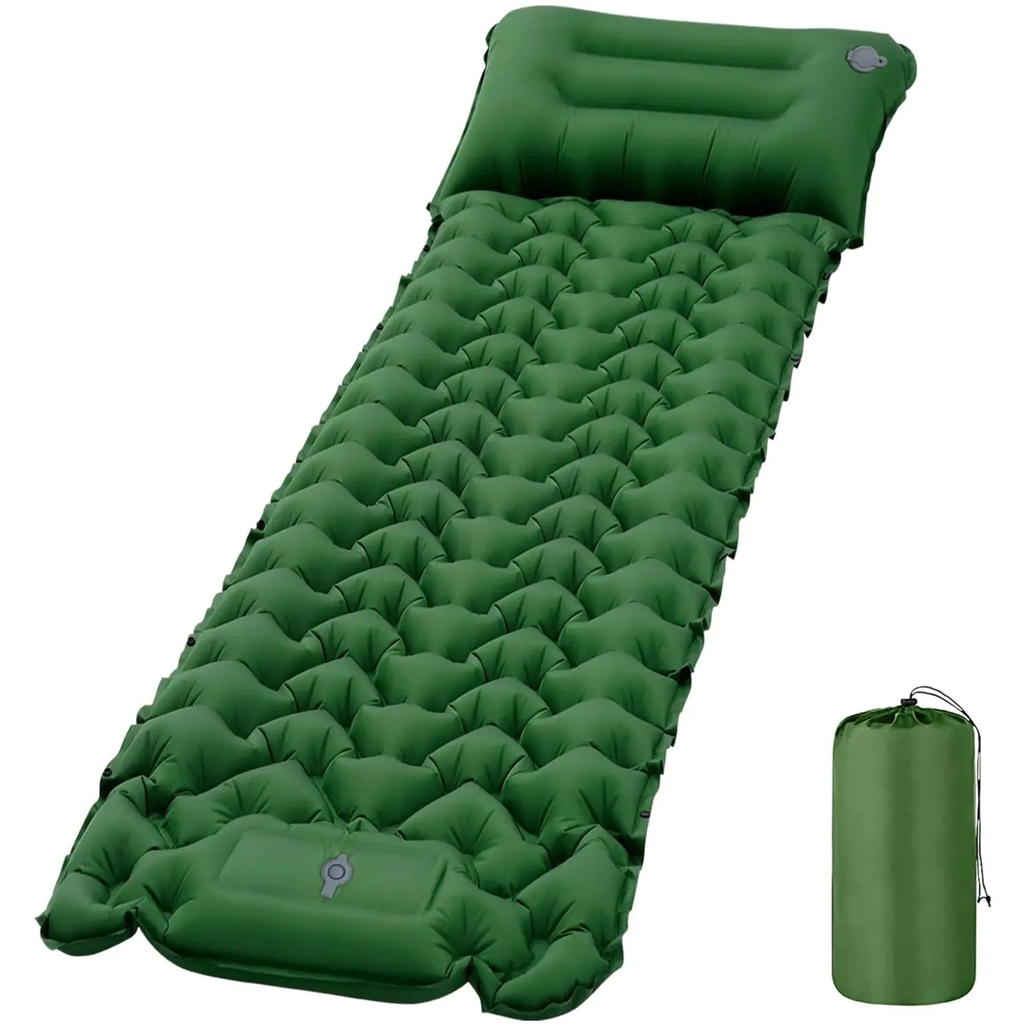 Green inflatable camping sleeping pad with built-in pillow and compact stuff sack, ideal for hiking