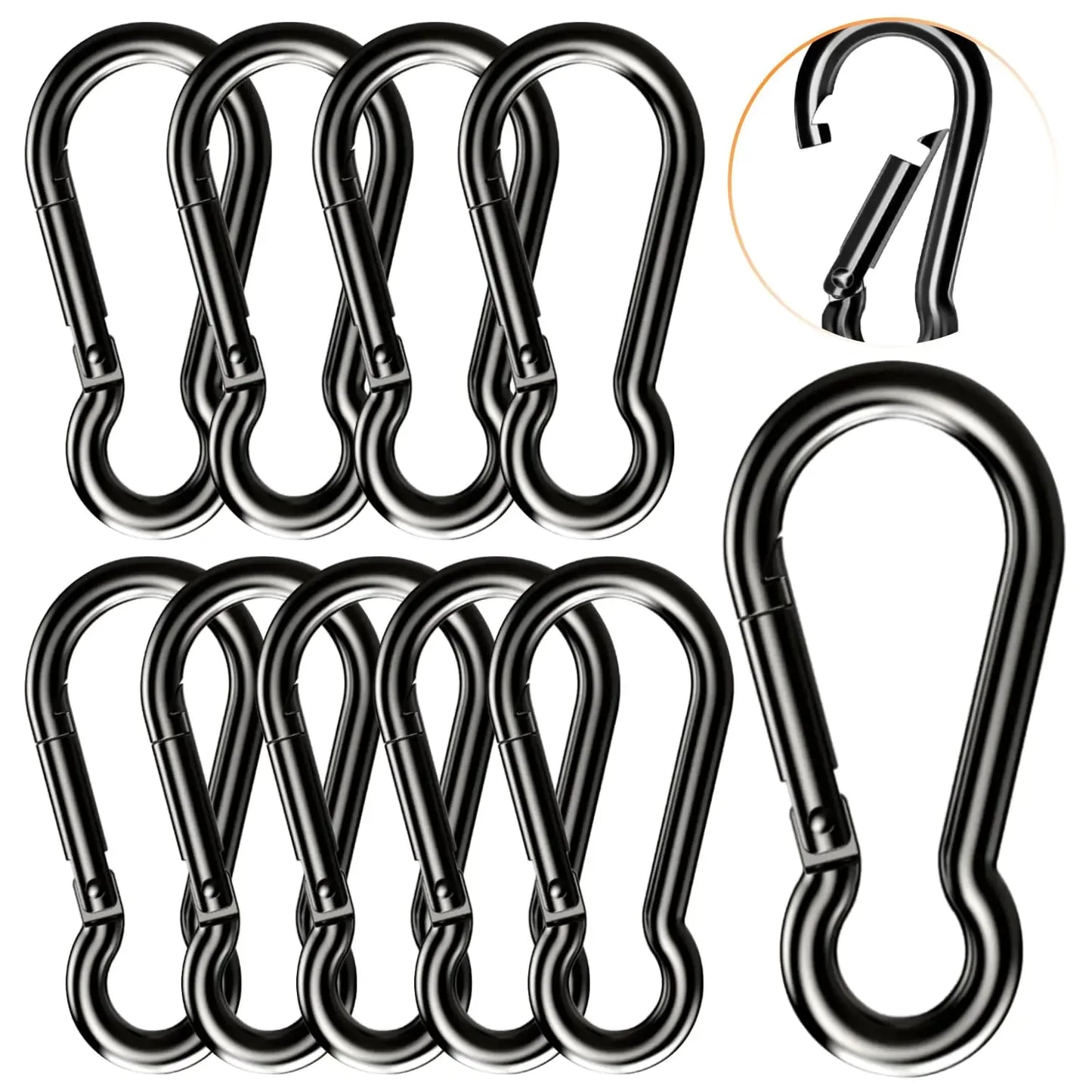 Set of ten black metal carabiner clips for camping, hiking, and outdoor gear from Hacksoutdoors