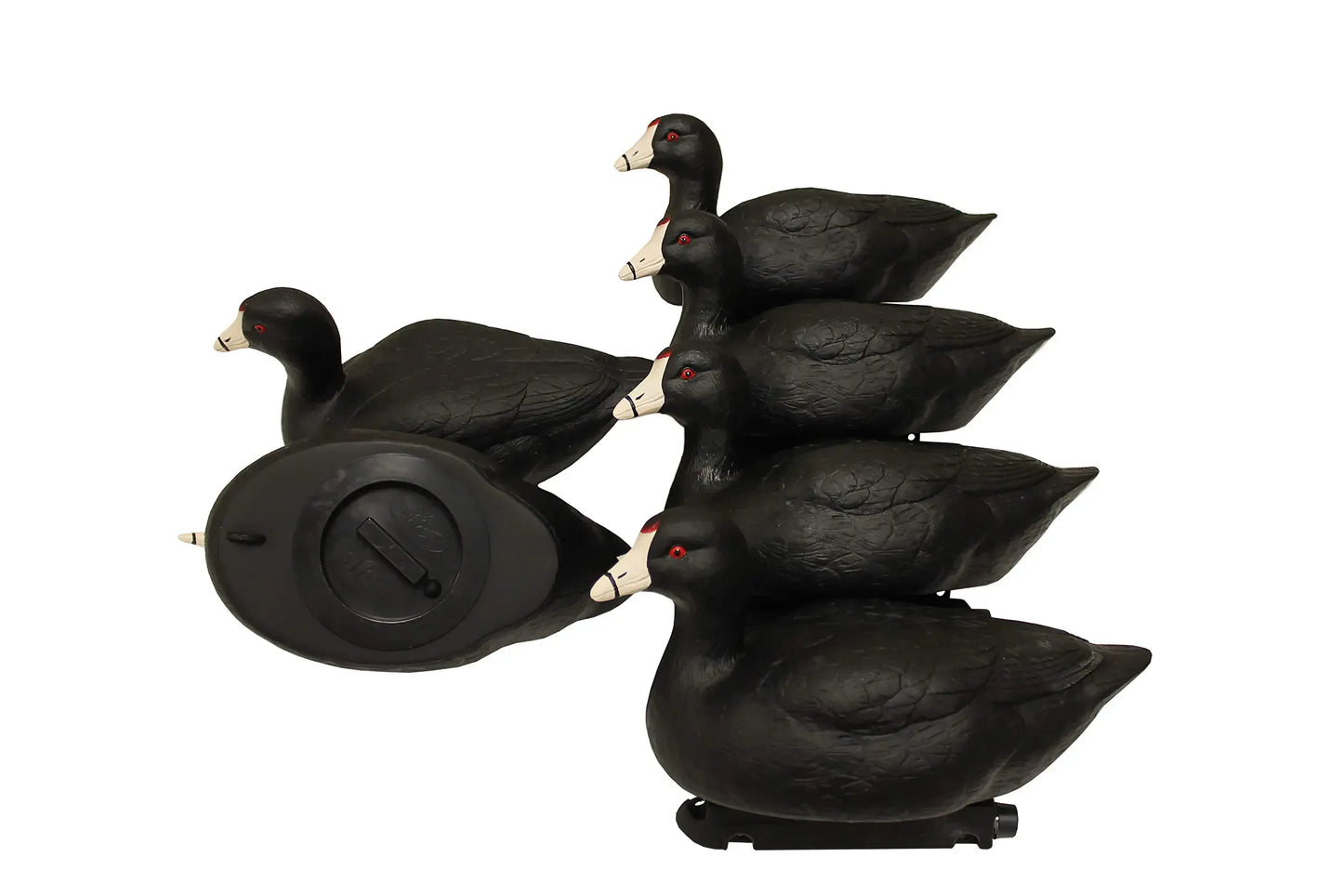 Set of black duck hunting decoys with red eyes, stacked, outdoor gear for adventurers