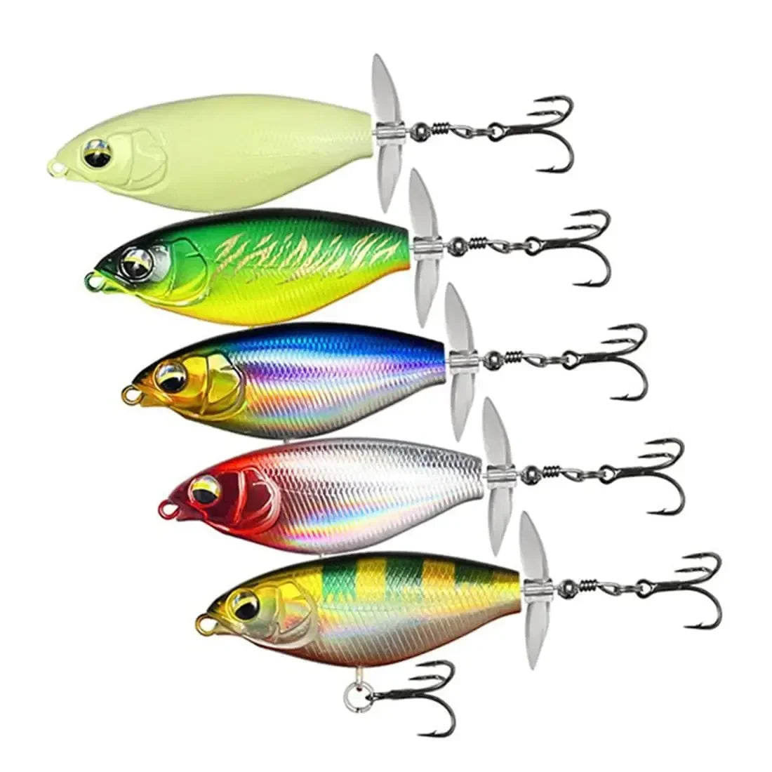 Set of five colorful fishing lures with treble hooks for outdoor camping and survival gear
