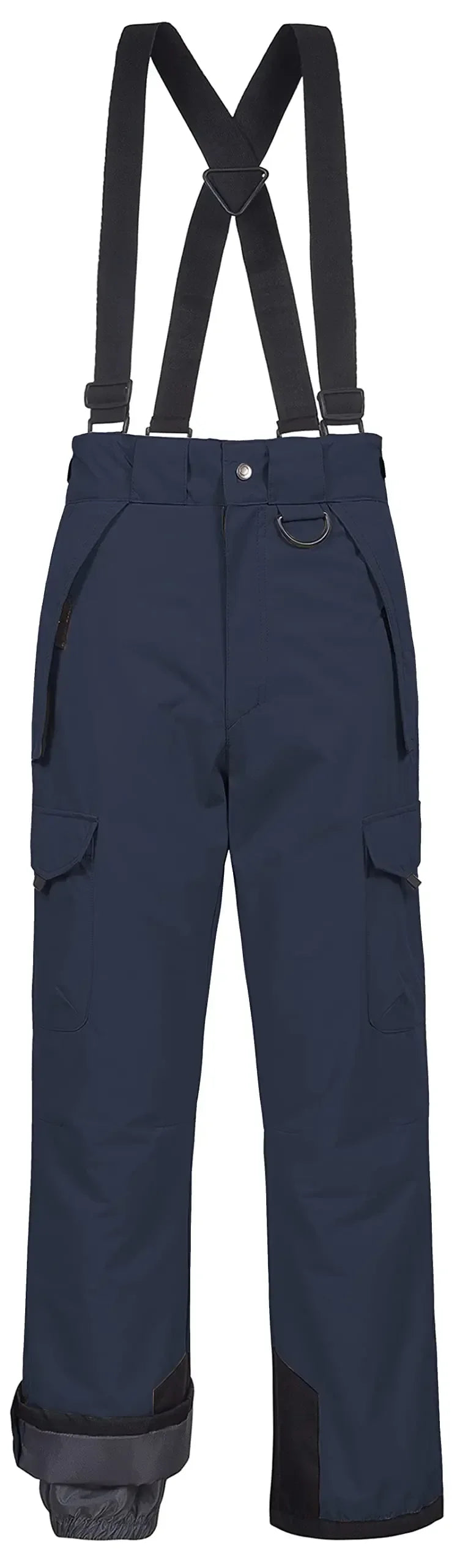 Navy blue outdoor camping pants with suspenders, cargo pockets, and reinforced cuffs