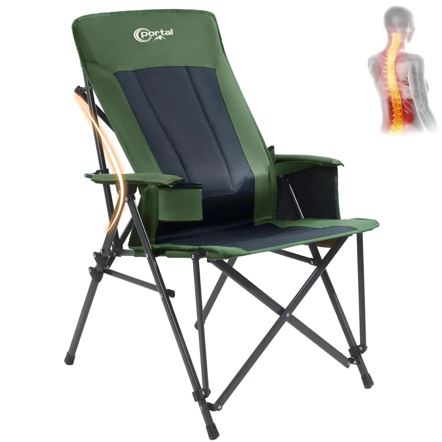 Ergonomic green camping chair with lumbar support for outdoor hiking and adventure gear