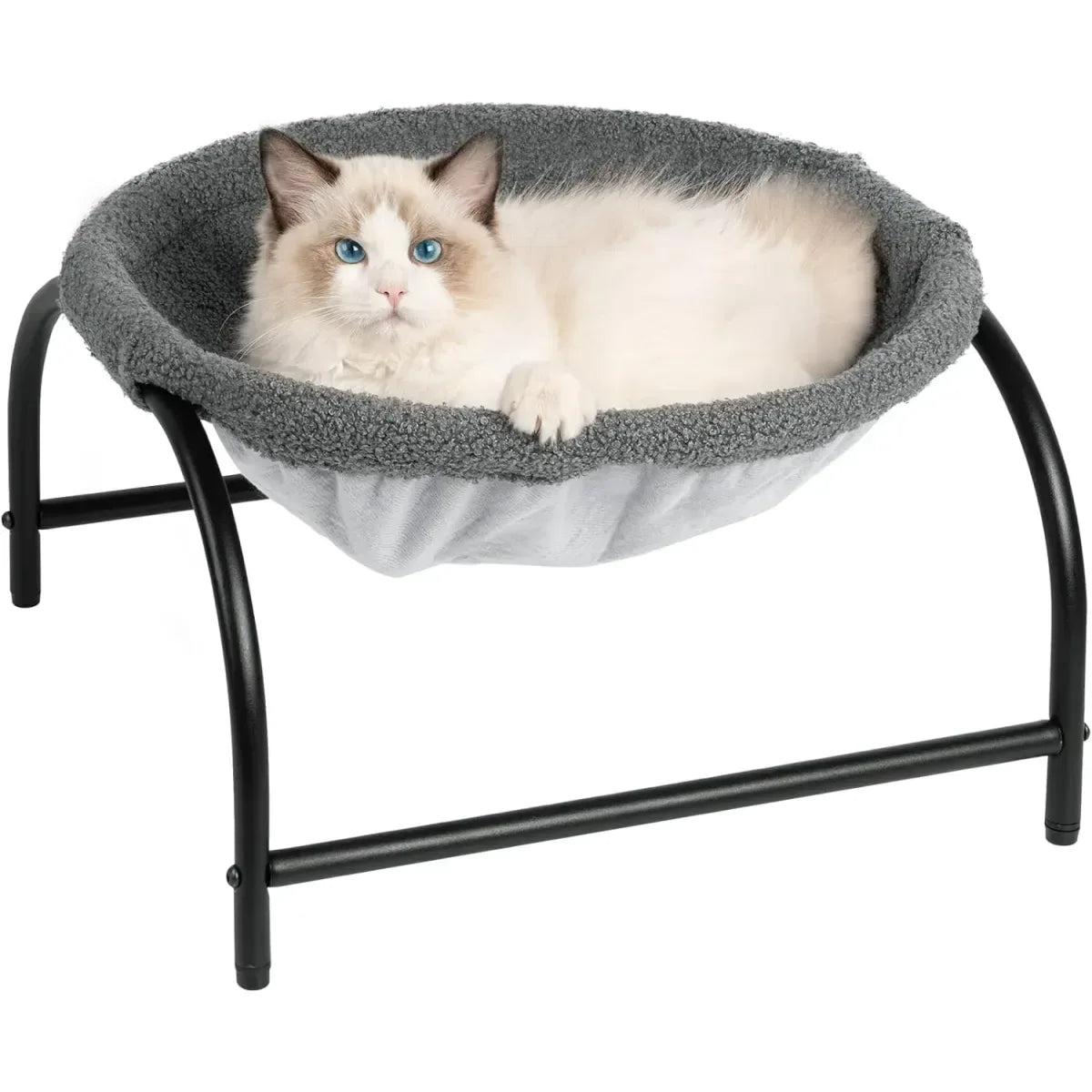 Fluffy cat lounging in a cozy gray pet bed with black metal frame, indoor setting