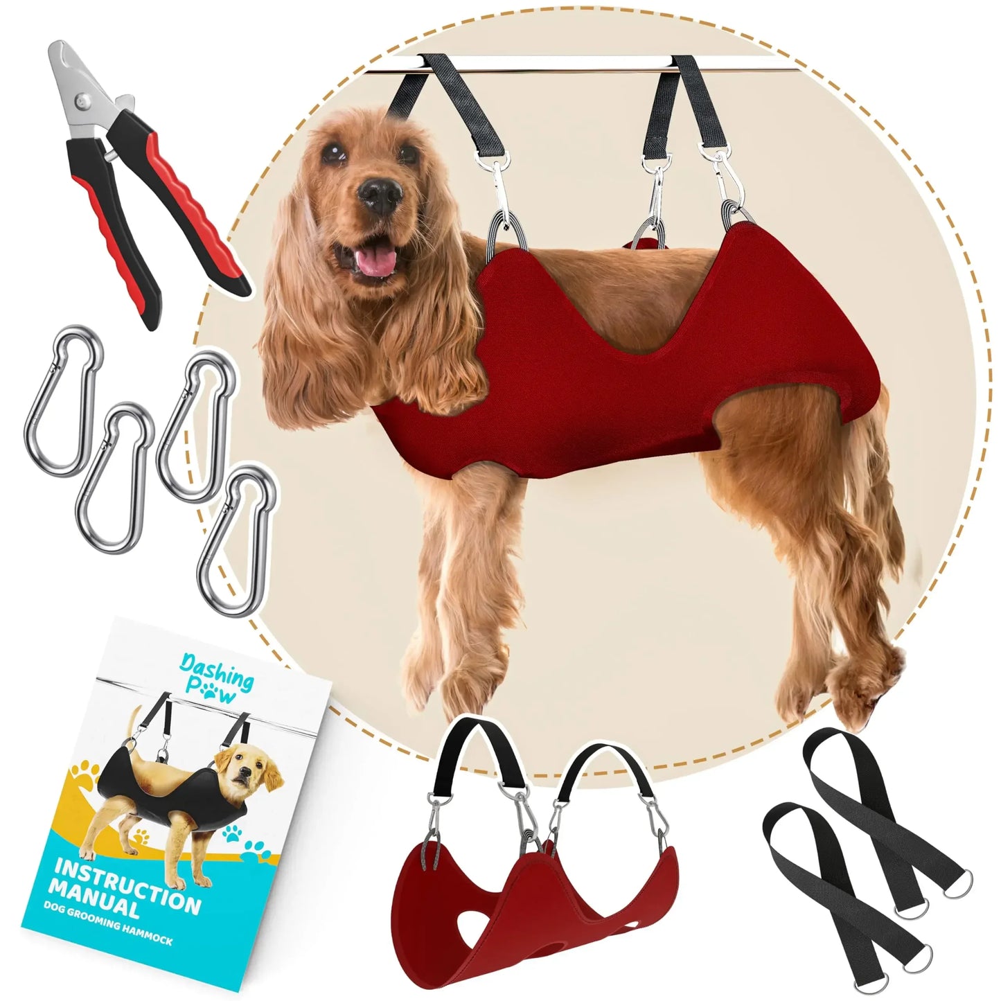Dog in red grooming hammock with clippers, straps, carabiners, and instruction manual
