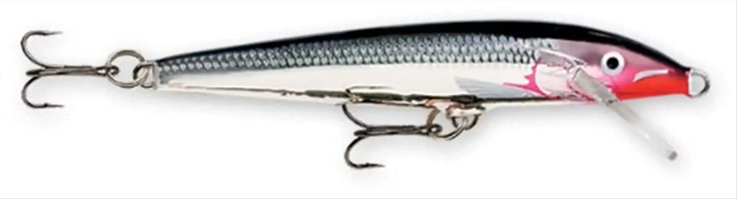 Silver and black fishing lure with treble hooks and red head, outdoor survival fishing gear