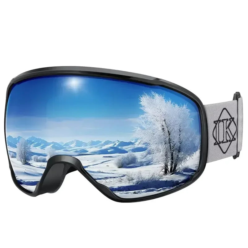Reflective ski goggles with snowy mountain landscape, ideal winter hiking and camping gear