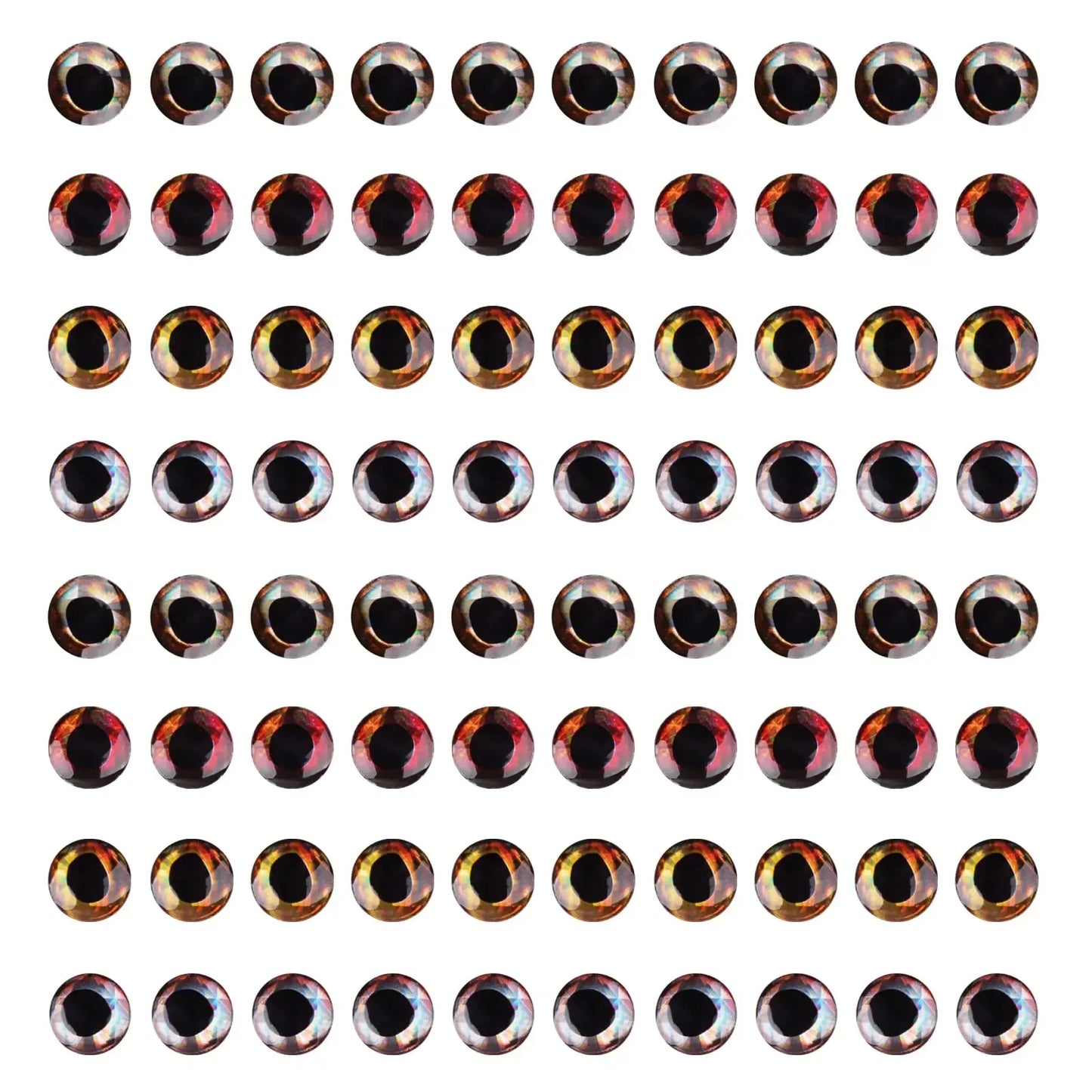 Sheet of adhesive fishing lure eyes, realistic red and gold, for outdoor gear and tackle