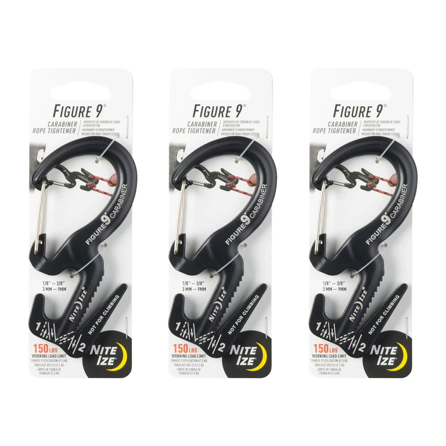 Three Nite Ize Figure 9 carabiner rope tighteners in retail packaging for camping gear