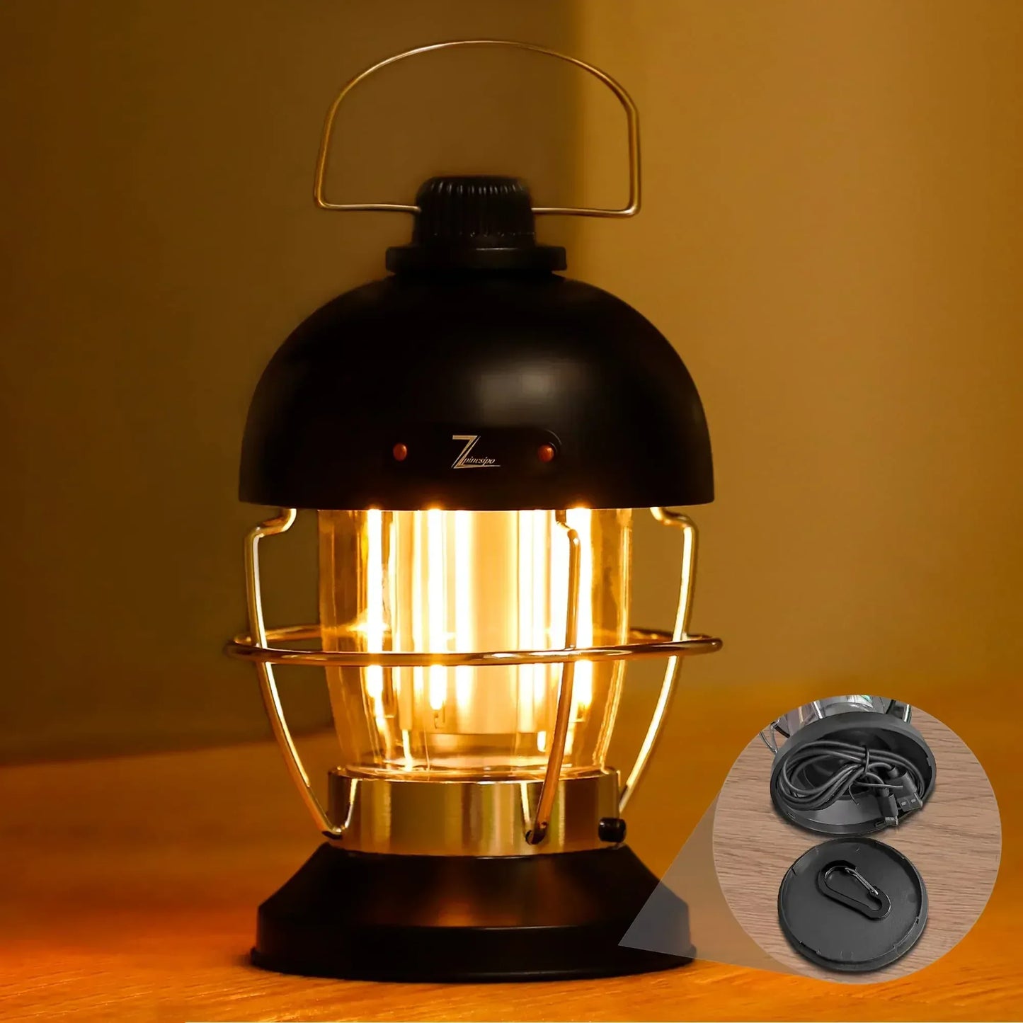 Durable camping lantern with warm light, USB cable, and hook for outdoor adventures