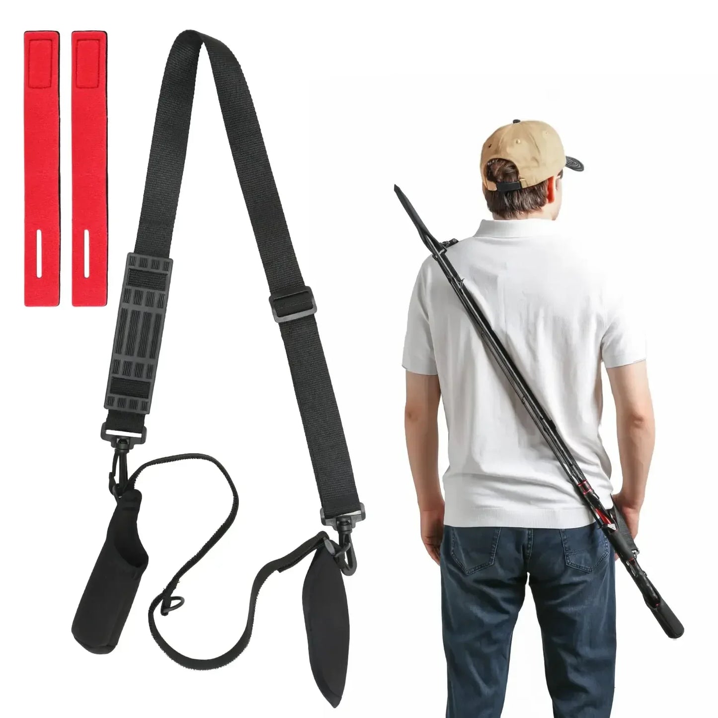 Outdoor gear shoulder strap carrying fishing rod, man in cap, red Velcro straps, white background