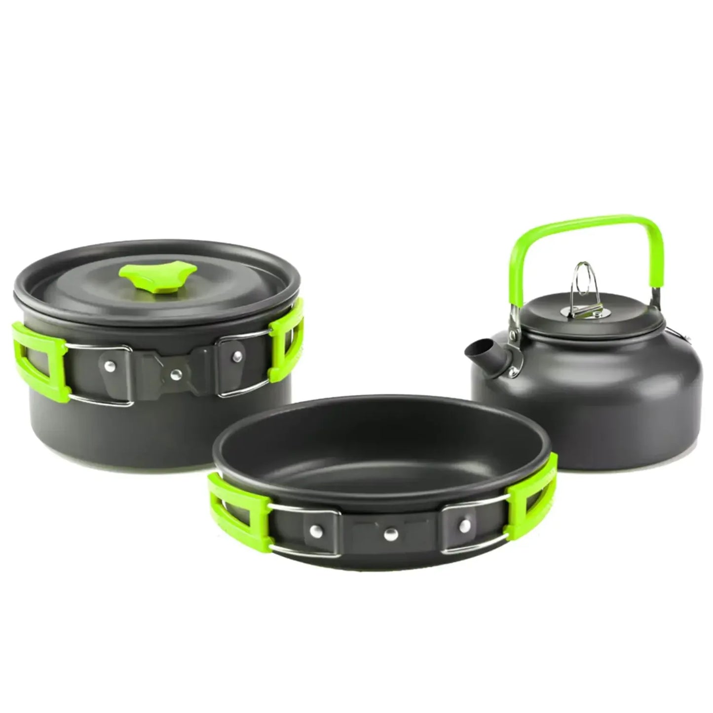 Camping cookware set with pot, frying pan, and kettle, durable gear for outdoor adventurers